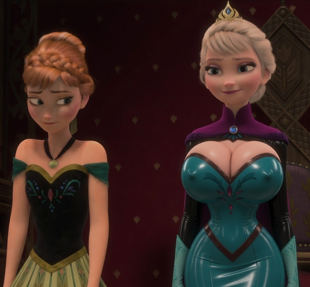 2girls, anna (frozen), blonde hair, breast envy, breasts, cleavage, covered nipples, disney, dress, edit, edited, elsa (frozen), fake ruidx, female, female only, frozen (film), gloves, large breasts, latex clothing, latex dress, platinum blonde hair, princess, red hair, screenshot edit, shiny clothes, tight clothing, warmachine0001