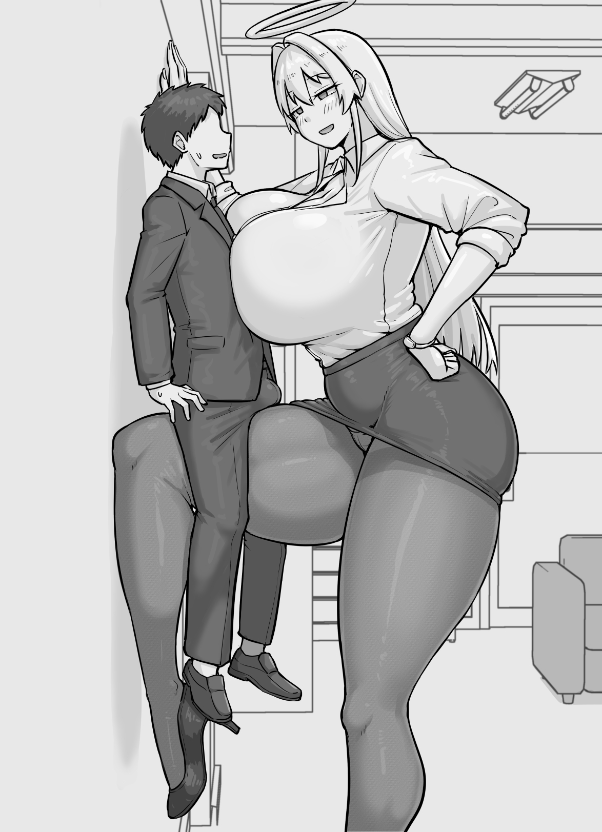 big ass, big boobs, big breasts, big butt, big thighs, black and white, breasts bigger than head, curvy, curvy body, curvy female, curvy figure, dominant female, domination, halo, height difference, highres, huge ass, huge boobs, huge breasts, huge butt, huge thighs, long hair, manga, manga style, nia0122, simple background, size difference, thick thighs, thighs, voluptuous, voluptuous body, voluptuous female