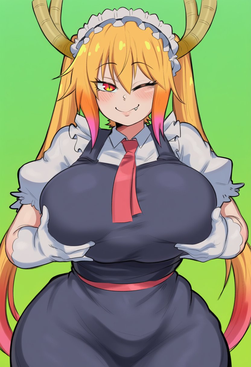 ai generated, big breasts, breast grab, breasts, double ponytail, dragon girl, dragon horns, female, gloves, grabbing own breast, hips, horns, hydra ai, kobayashi-san chi no maidragon, maid, maid dress, maid gloves, maid headdress, maid outfit, maid uniform, oerba yun fang, orange hair, red eyes, slim waist, slit pupils, smile, smiling, smiling at viewer, thick thighs, tohru (dragon maid), white gloves, wide hips, wide thighs, winking, winking at viewer