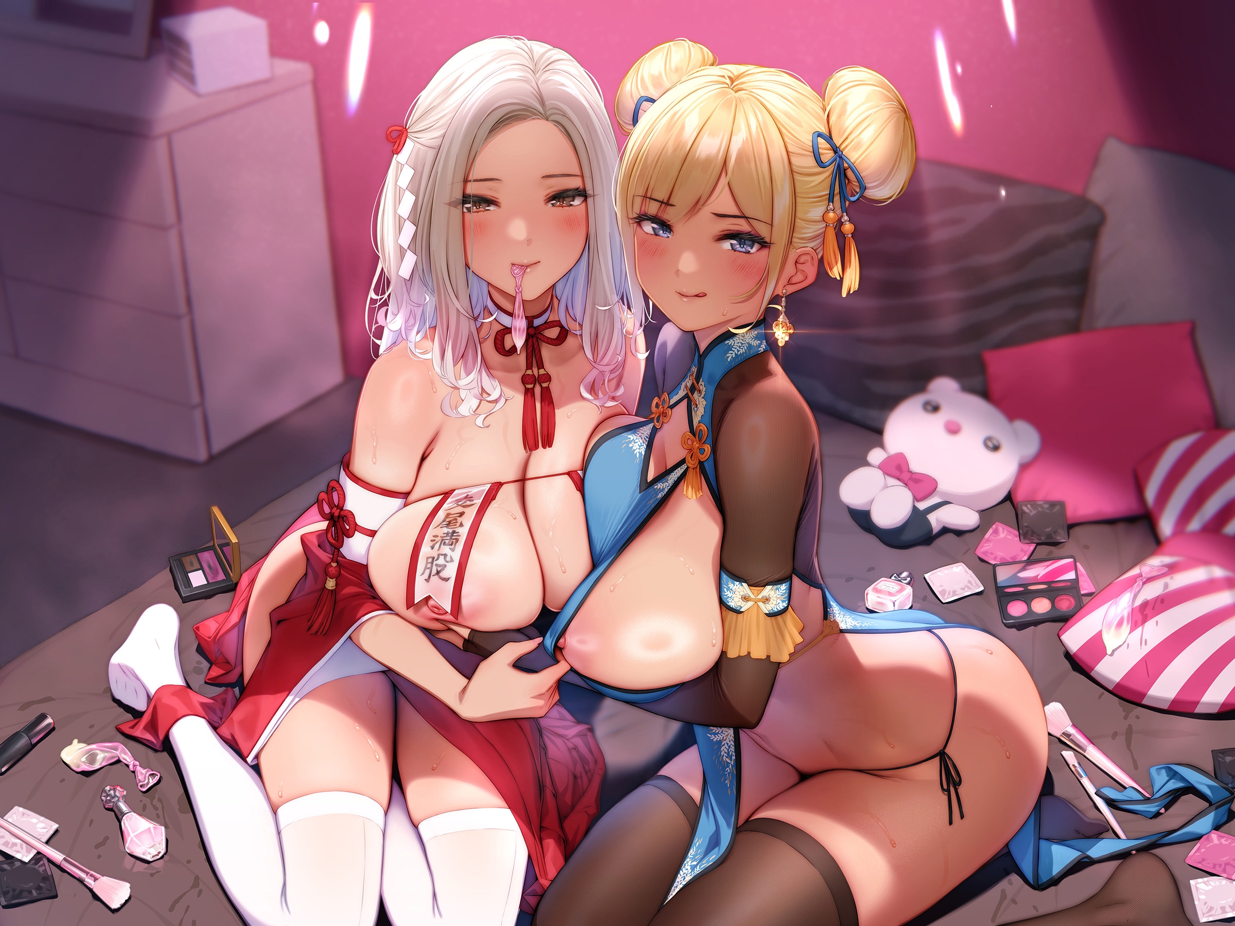 2girls, big boobs, big breasts, big tits, black legwear, black thighhighs, blonde, blonde female, blonde hair, blonde hair female, blonde-haired female, blue eyes, blue eyes female, boobs, breasts, condom, condom in mouth, double bun, eyebrows visible through hair, legwear, nipples, ogre (illustogre), original, thick thighs, thighhighs, thighs, tits, used condom, white hair, white hair female, white legwear, white thighhighs
