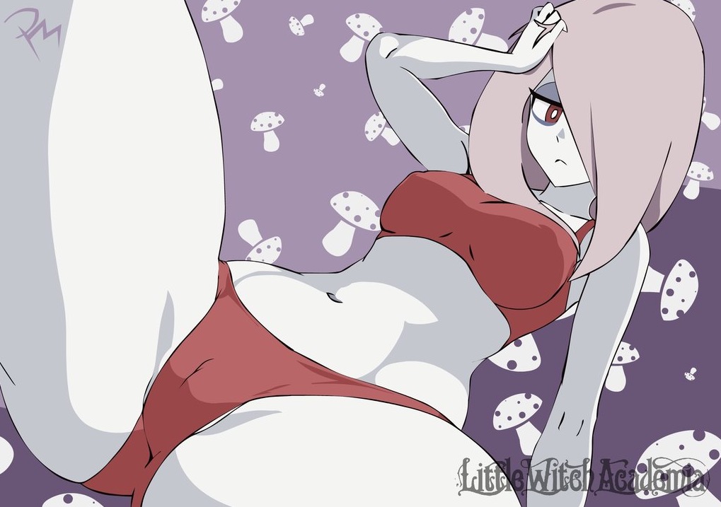 bra, cameltoe, female, little witch academia, pale skin, panties, pussy, simple background, solo, sucy manbavaran, tagme