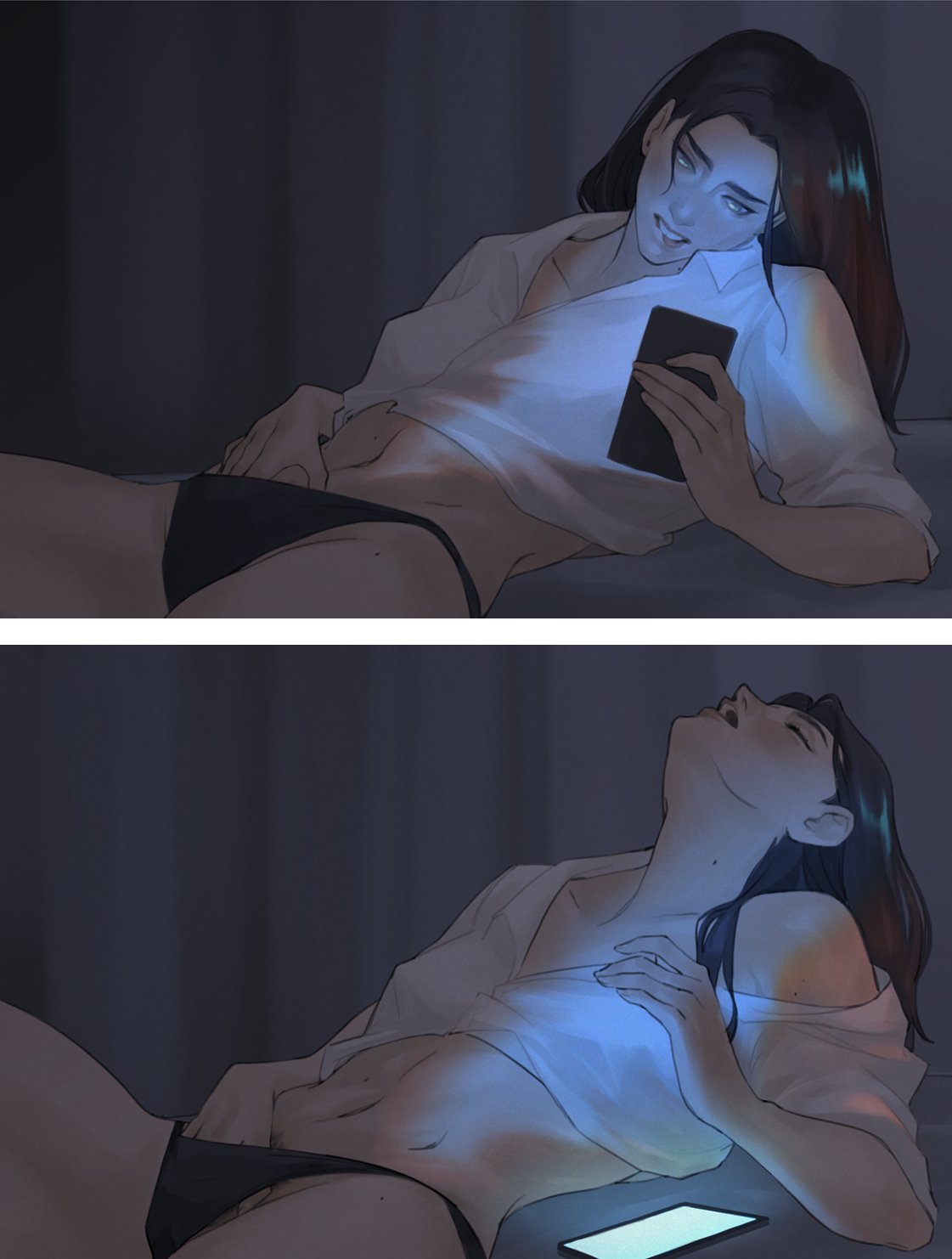 1girls, arcane, arcane caitlyn, biting own lip, button down shirt, caitlyn kiramman, female, female only, female torso, hand in own panties, hand in panties, head back, implied yuri, kahelmoan, league of legends, long hair, looking at phone, masturbating, masturbation, moaning, moaning in pleasure, multiple images, page 2, partially clothed, partially clothed female, pubic hair, pubic hair peek, purple hair, watching porn