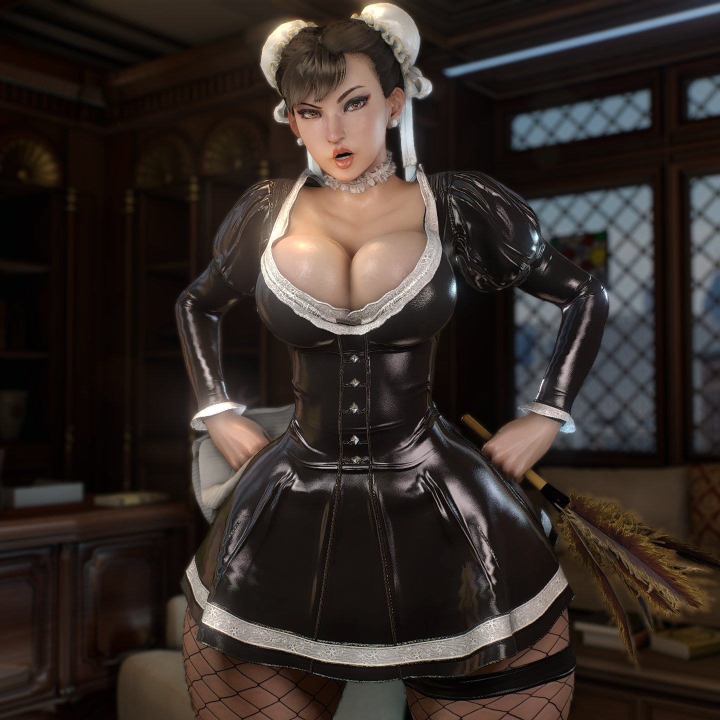 3d, 3d (artwork), 3d model, almightypatty, asian, black hair, brown, brown hair, chun-li, clothing, curvaceous, curvaceous body, curvaceous female, curvaceous figure, curves, curvy, curvy body, curvy female, curvy figure, curvy hips, maid, mature female, milf, nude, solo, street fighter, video game character, video games