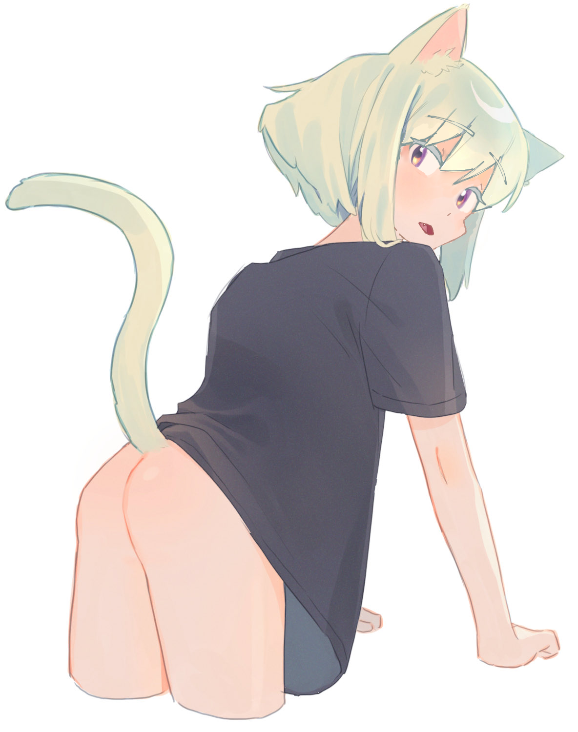1boy, androgynous, animal ears, ass, ass focus, blush, bob cut, bottomless, cat boy, cat ears, cat tail, catboy, clothing, embarrassed, femboy, femboy only, feminine male, half-dressed, lio fotia, looking at viewer, male, oerba yun fang, oversized clothes, oversized shirt, petite, petite body, petite male, promare, shirt only, short hair, slim, slim male, slim waist, solo, twink