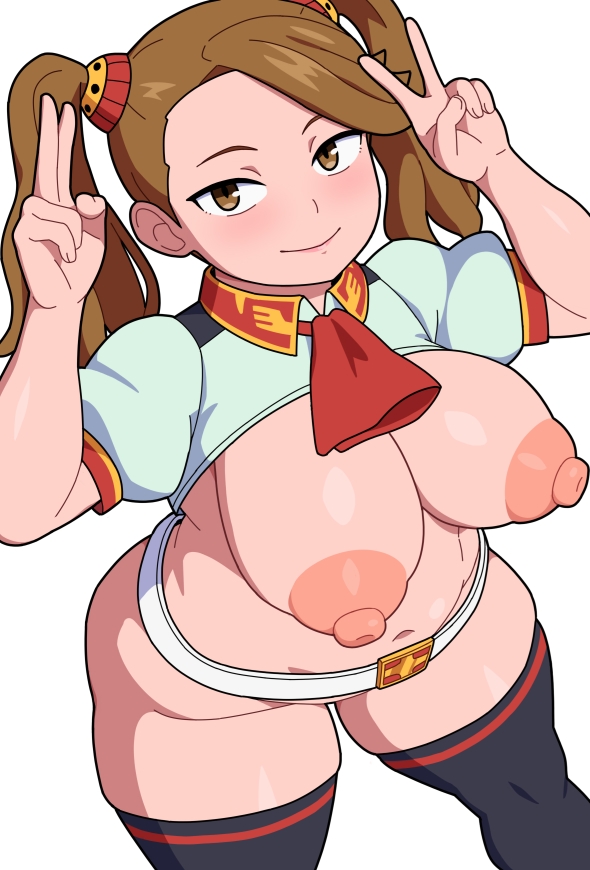 1girls, areolae, belt, blush, breasts, brown eyes, brown hair, female, gundam, gundam build fighters, gundam build fighters try, highres, huge breasts, kabeume, legs, long hair, looking at viewer, nipples, no bra, open clothes, penis, sazaki kaoruko, thighs, tied hair, twintails, v sign