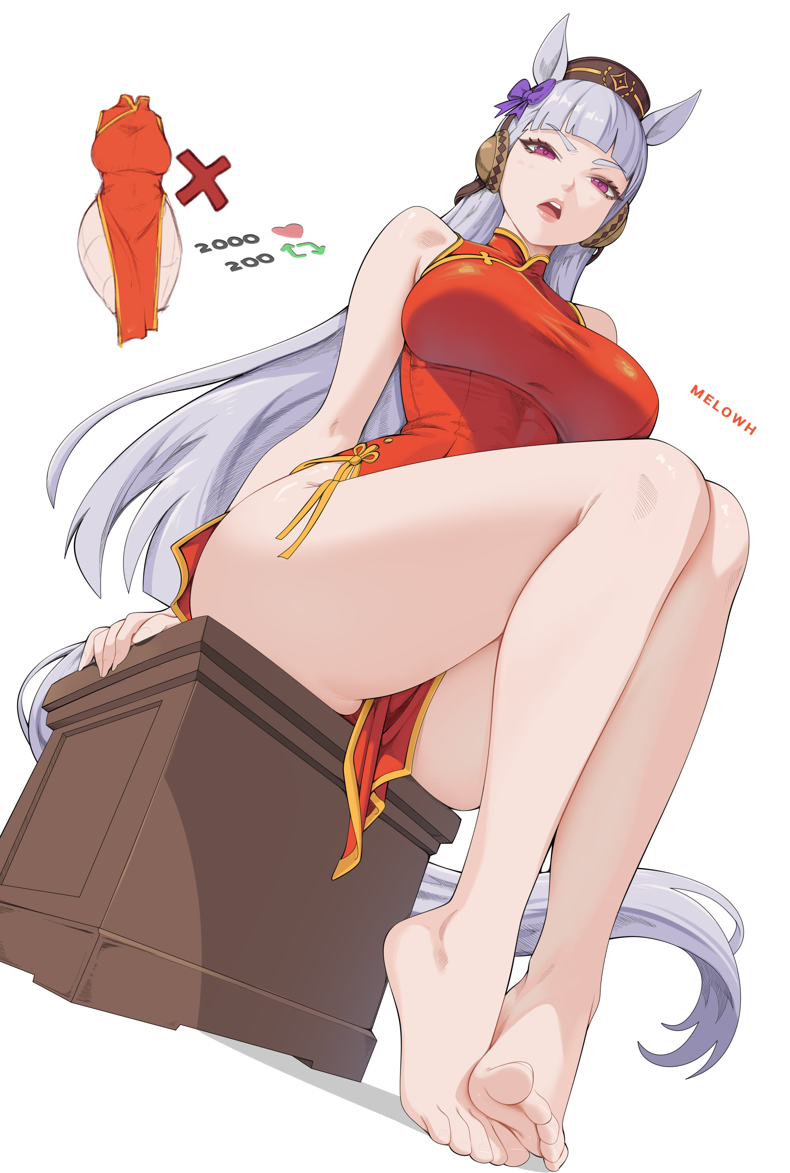 1girls, barefoot, cygames, feet, female, female only, gold ship (umamusume), grey hair, horse genitalia, light skin, light-skinned female, long hair, melowh, solo, strip game, umamusume, umamusume pretty derby