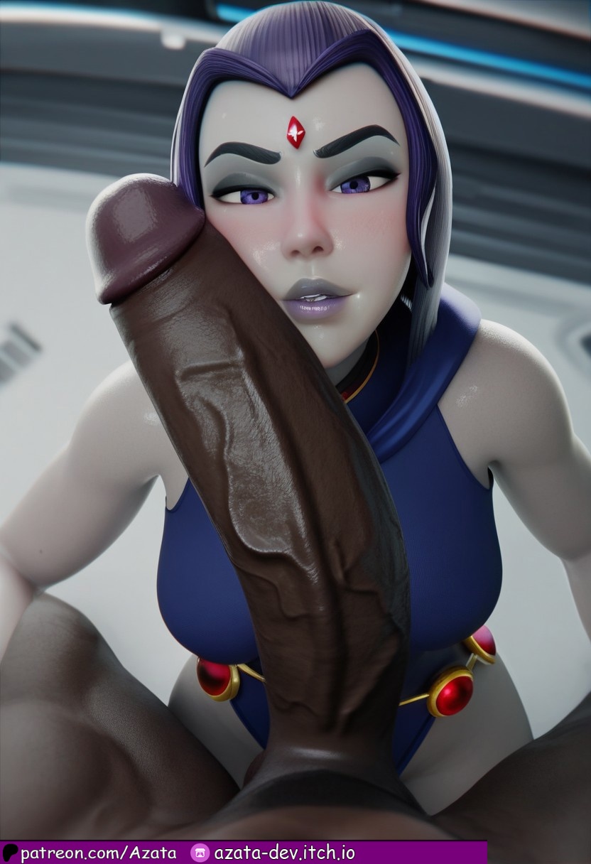 :>=, 1boy, 1girls, absurdly large cock, ai generated, azataai, blowjob, blowjob face, blue cape, blue hood, dark penis, dark skin, dark-skinned male, dc, dc comics, eye contact, female, grey skin, hero, hyper penis, imminent oral, impossible fit, interracial, looking at viewer, male, partial male, penis, penis on face, petite female, provocative, rachel roth, raven (dc), sweating, taller male, teen titans, touching face, veiny penis, voluptuous female