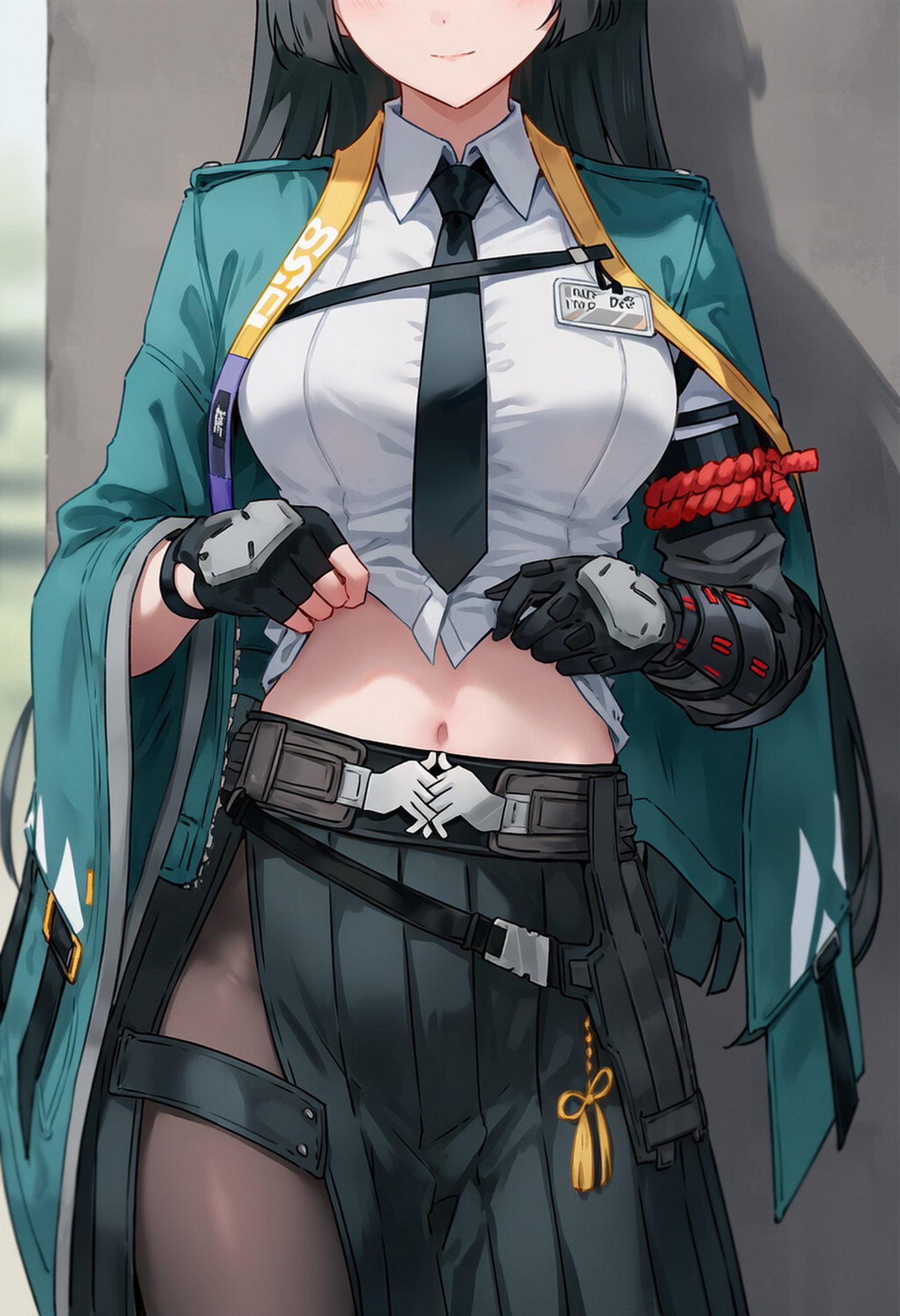 ai generated, belly, belly button, belted skirt, hoshimi miyabi, lifted by self, lifting shirt, medium breasts, navel, pulling up shirt, skirt, thighs, zenless zone zero