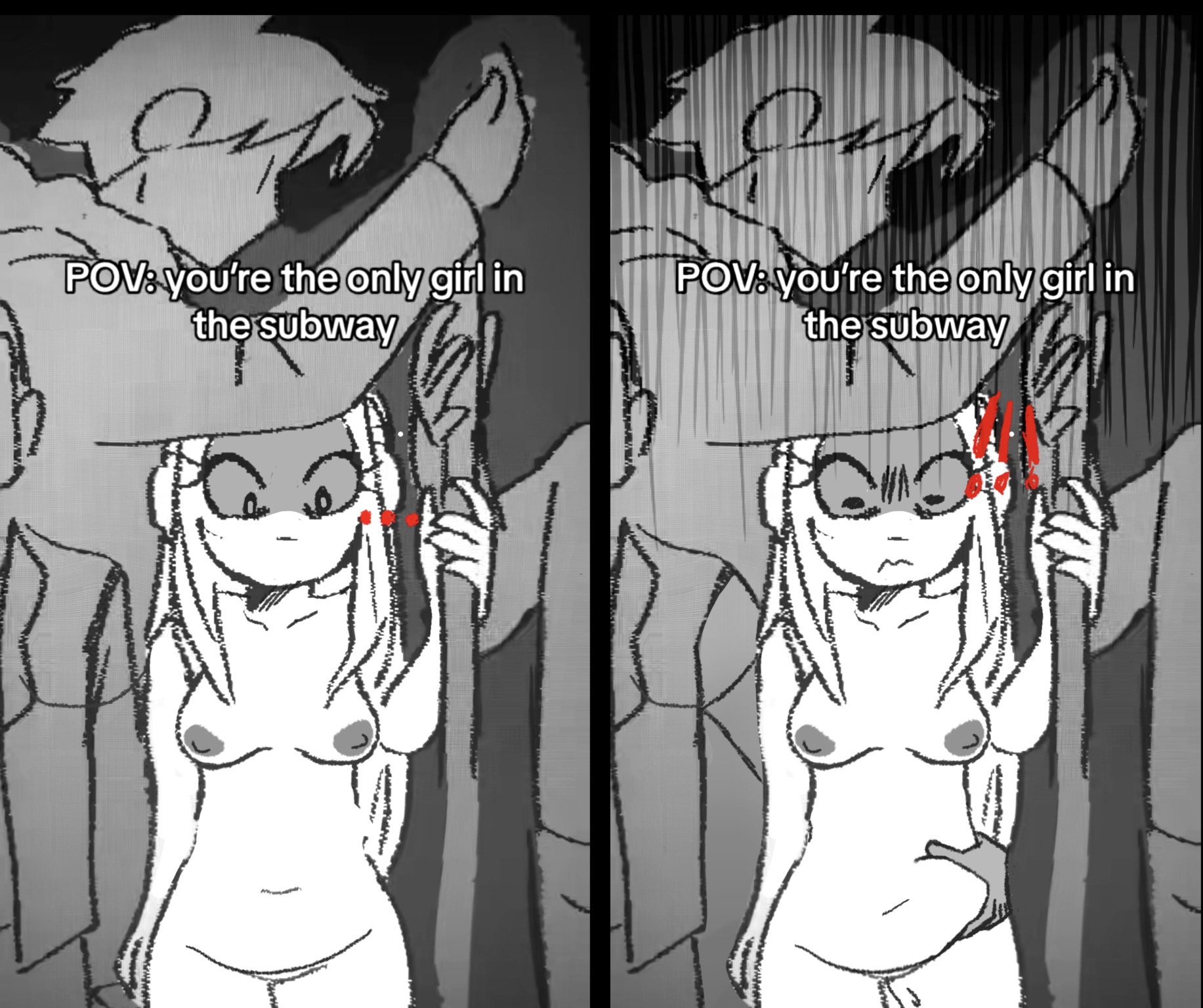 anon, chubby, chubby female, embarrassed, exhibitionism, grope, groping, groping from behind, imminent rape, kenzou, molestation, naked, nude female clothed male, ptitefrite, raped female, shocked, tummy