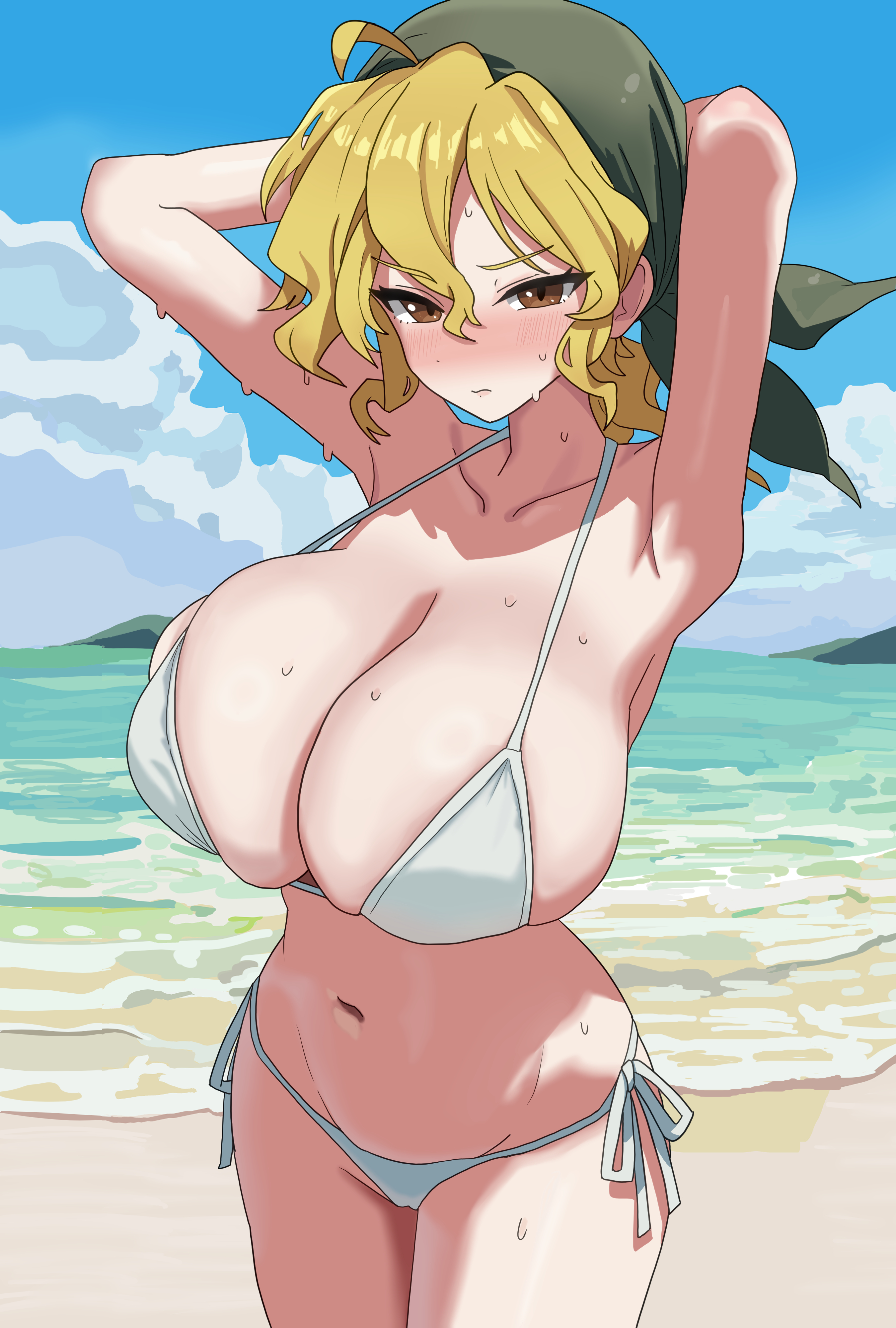 absurdres, alternate costume, bare shoulders, beach, bikini, blue sky, blush, breasts, brown eyes, cloud, commentary, day, english commentary, eri kasamoto, femalehat, highres, huge breasts, metal slug, navel, neugneugsusu, nnkk933306, ocean, open mouth, outdoors, sand, sideboob, sky, solo, stomach, swimsuit, water