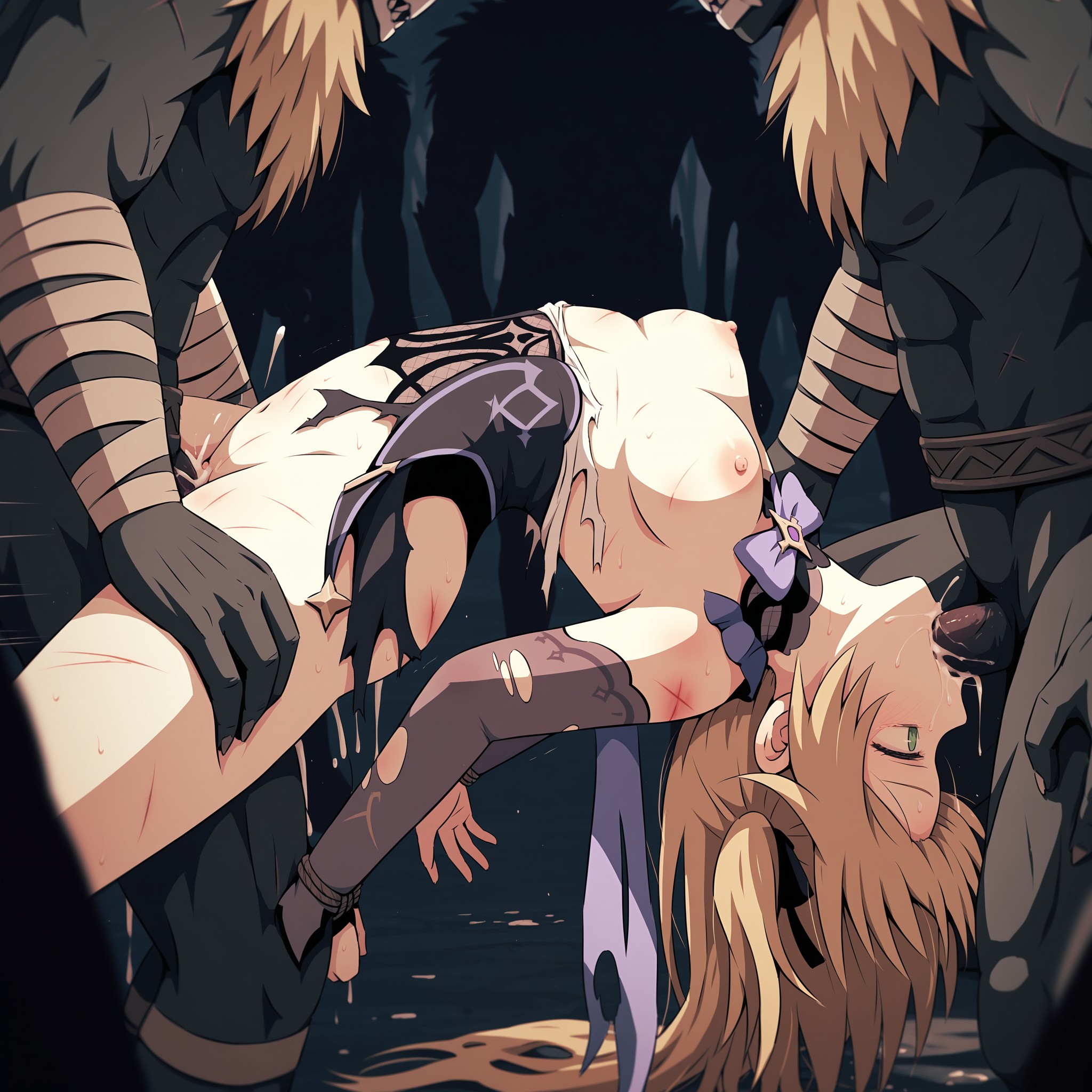 2boys, ai generated, arched back, black ribbon, black skin, blonde hair, bound, bow, breasts, bruise, cum, cum in mouth, cum in pussy, cum overflow, cuts, fellatio, female, fischl (genshin impact), genshin impact, green eyes, group sex, hair ribbon, head grab, hilichurls (species), injury, interspecies, irrumatio, long hair, male, medium breasts, monster, multiple boys, nipples, oral, penis, purple bow, purple bowtie, rape, restrained, reverse fellatio, ribbon, scratches, sex, small breasts, solo focus, spitroast, spread legs, stomach bulge, straight, threesome, torn clothes, torn gloves, two side up, uncensored, vaginal penetration