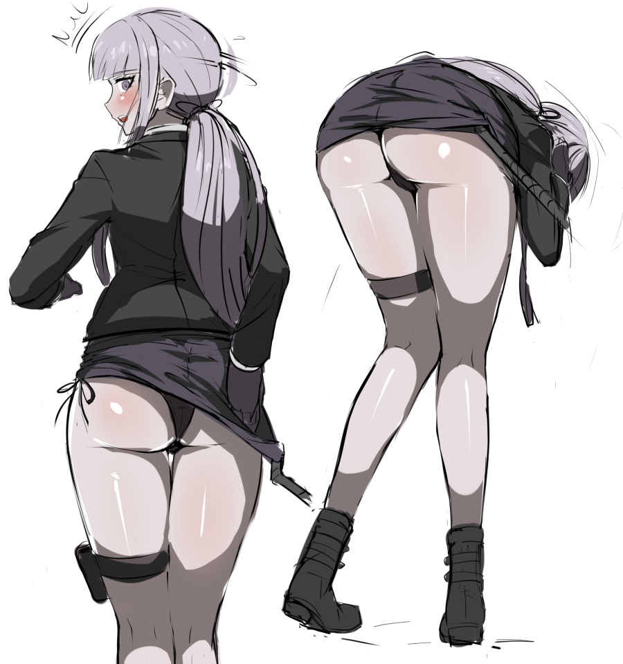akizora, ankle boots, ass, blush, blushing, danganronpa, danganronpa: trigger happy havoc, female, female only, human, kirigiri kyoko, long hair, looking back, pale skin, panties, side-tie panties, skirt lift, solo, straight hair, tagme, thighs, wardrobe malfunction