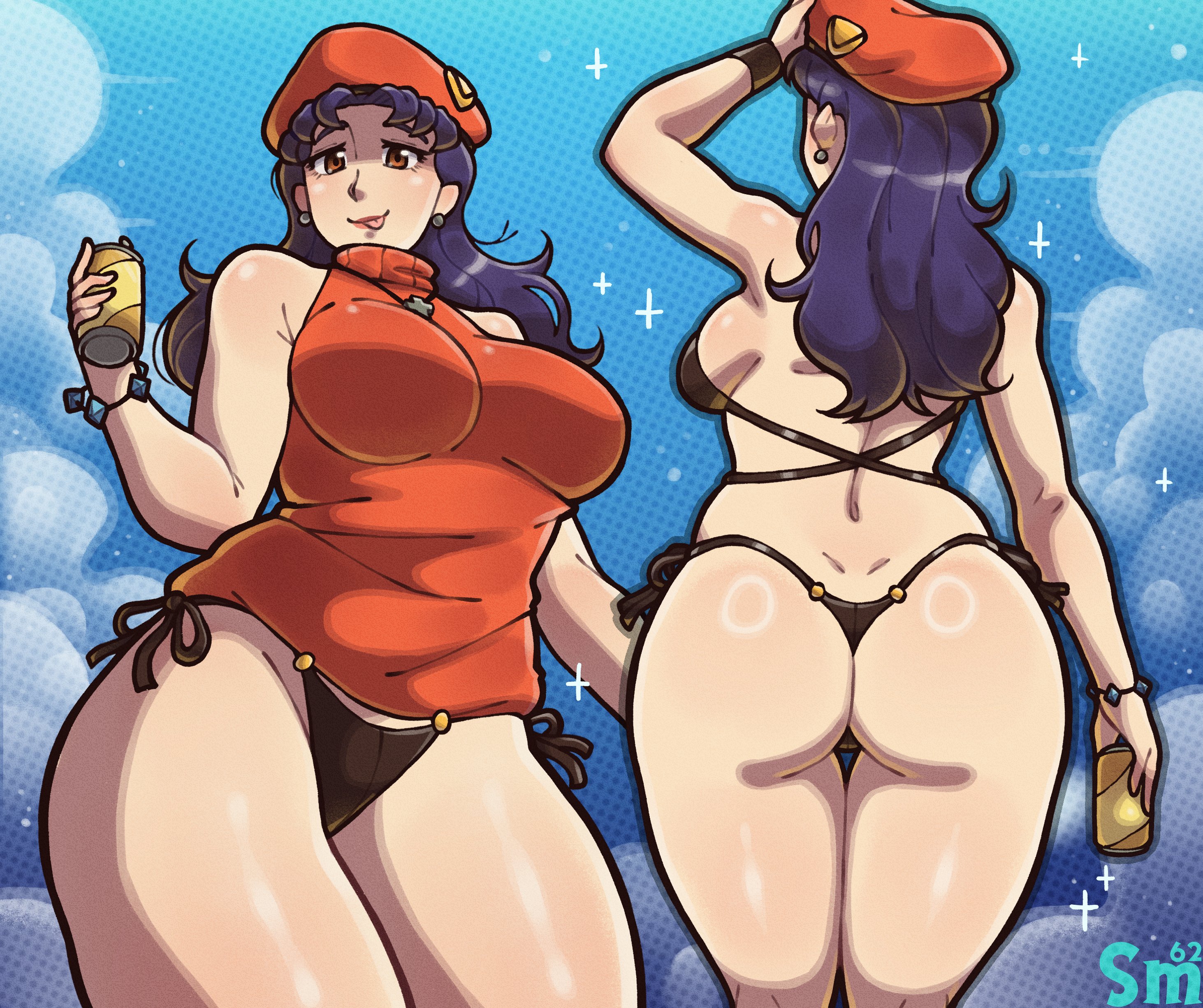 1girls, armwear, ass, ass shot, back, back view, backboob, beer, beer can, big breasts, bikini, bikini bottom, bikini top, black bikini, bottomwear, bracelet, breasts, brown eyes, clothing, drink, ear piercing, earrings, female, female only, hair, hat, headwear, hips, holding drink, holding object, huge ass, long hair, mature, mature female, mature woman, misato katsuragi, multiple views, neon genesis evangelion, purple hair, samario, smile, solo, solo female, sparkles, swimwear, thick thighs, thighs, tongue, tongue out, topwear, wide hips