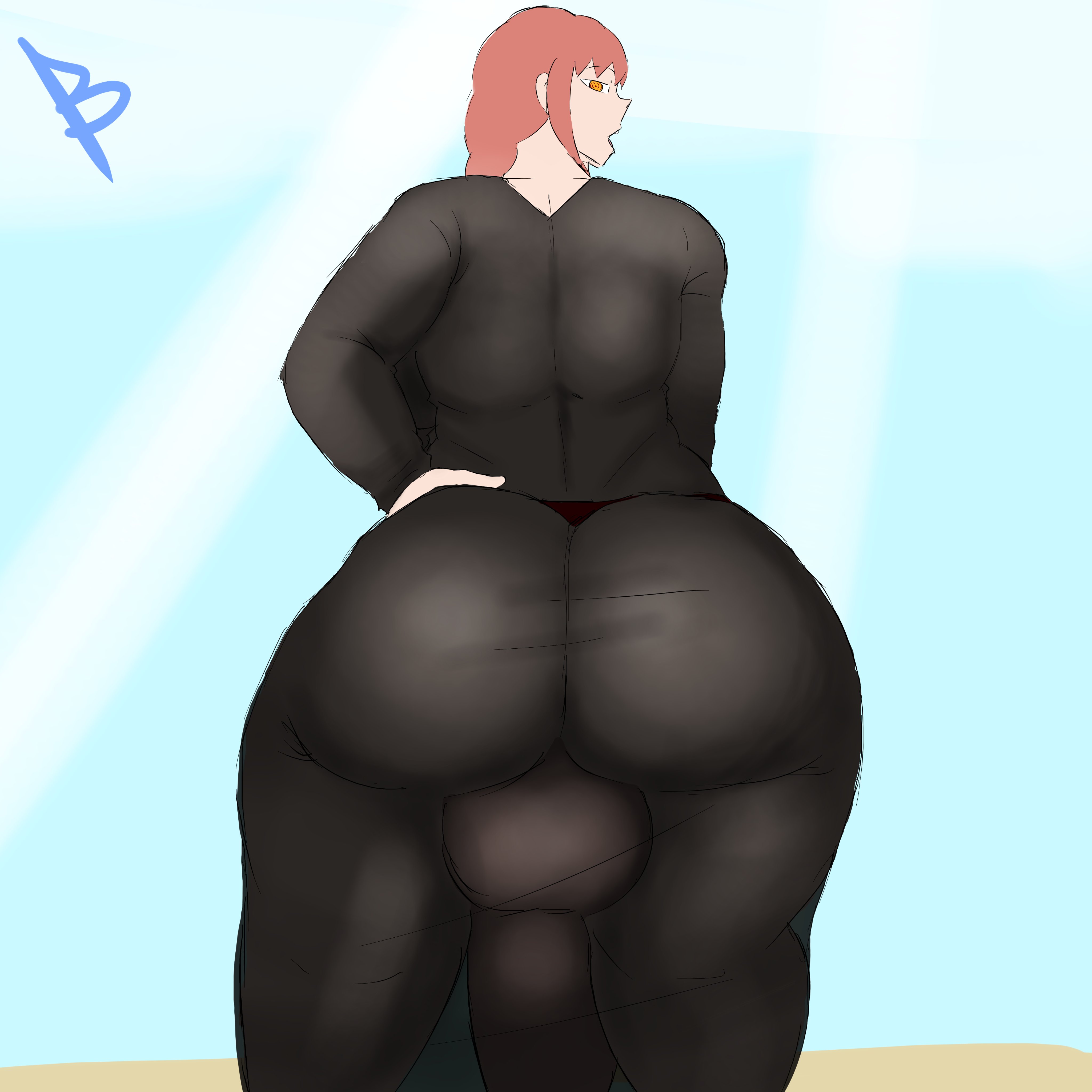 1futa, ass, ass focus, ass in dress, back view, backsack, balls, beach, beach background, big ass, big ass (futa), big penis, black dress, chainsaw man, dress, fat ass, fat cock, futanari, hourglass figure, hourglass figured futa, huge ass, huge cock, light skin, light-skinned futa, looking at viewer, looking back, looking back at viewer, makima (chainsaw man), open mouth, penis bulge, penis bulgeball bulge, penis visible through clothing, red and blu, red hair, round ass, taller female, thick thighs, thighhighs, thighs, tied hair, transparent, transparent clothing, yellow eyes