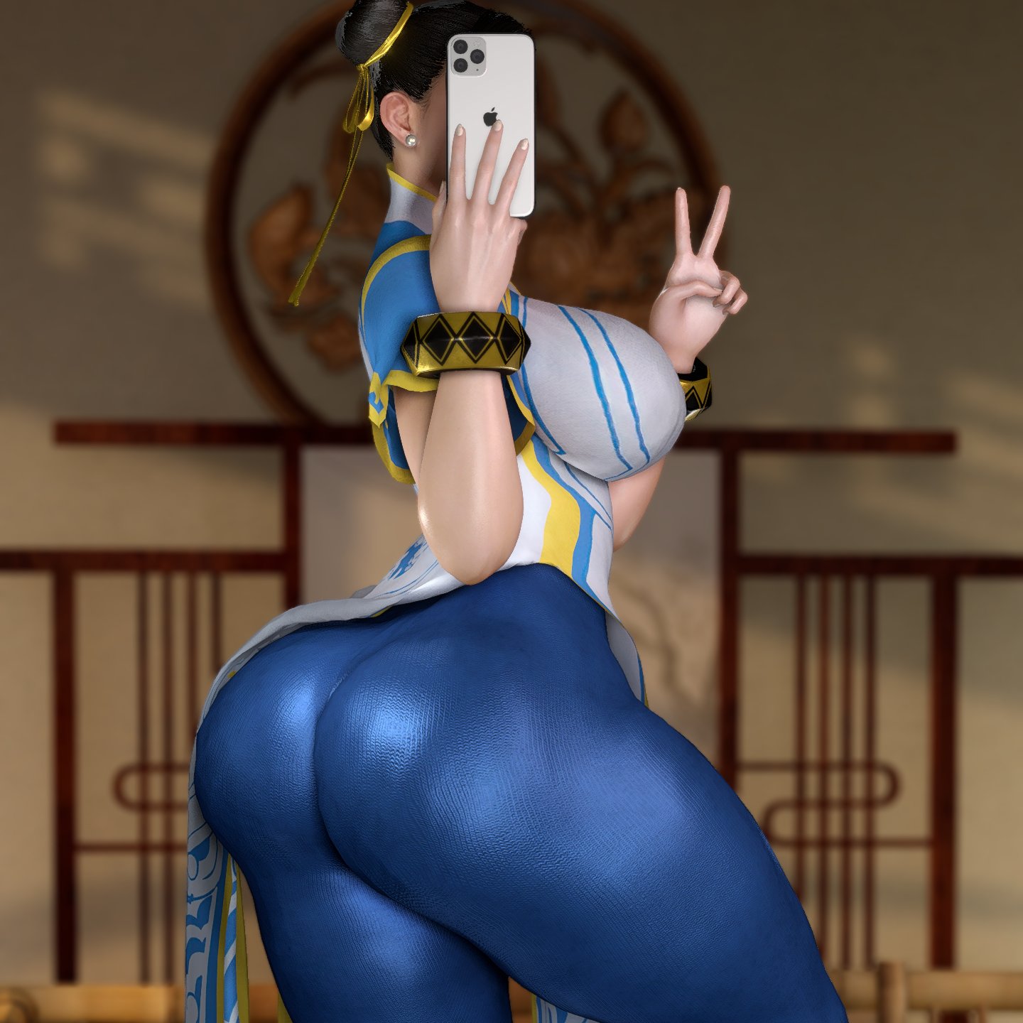 3d, 3d (artwork), 3d model, almightypatty, asian, black hair, brown, brown hair, chun-li, clothing, curvaceous, curvaceous body, curvaceous female, curvaceous figure, curves, curvy, curvy body, curvy female, curvy figure, curvy hips, mature female, milf, nude, selfie, solo, street fighter, video game character, video games