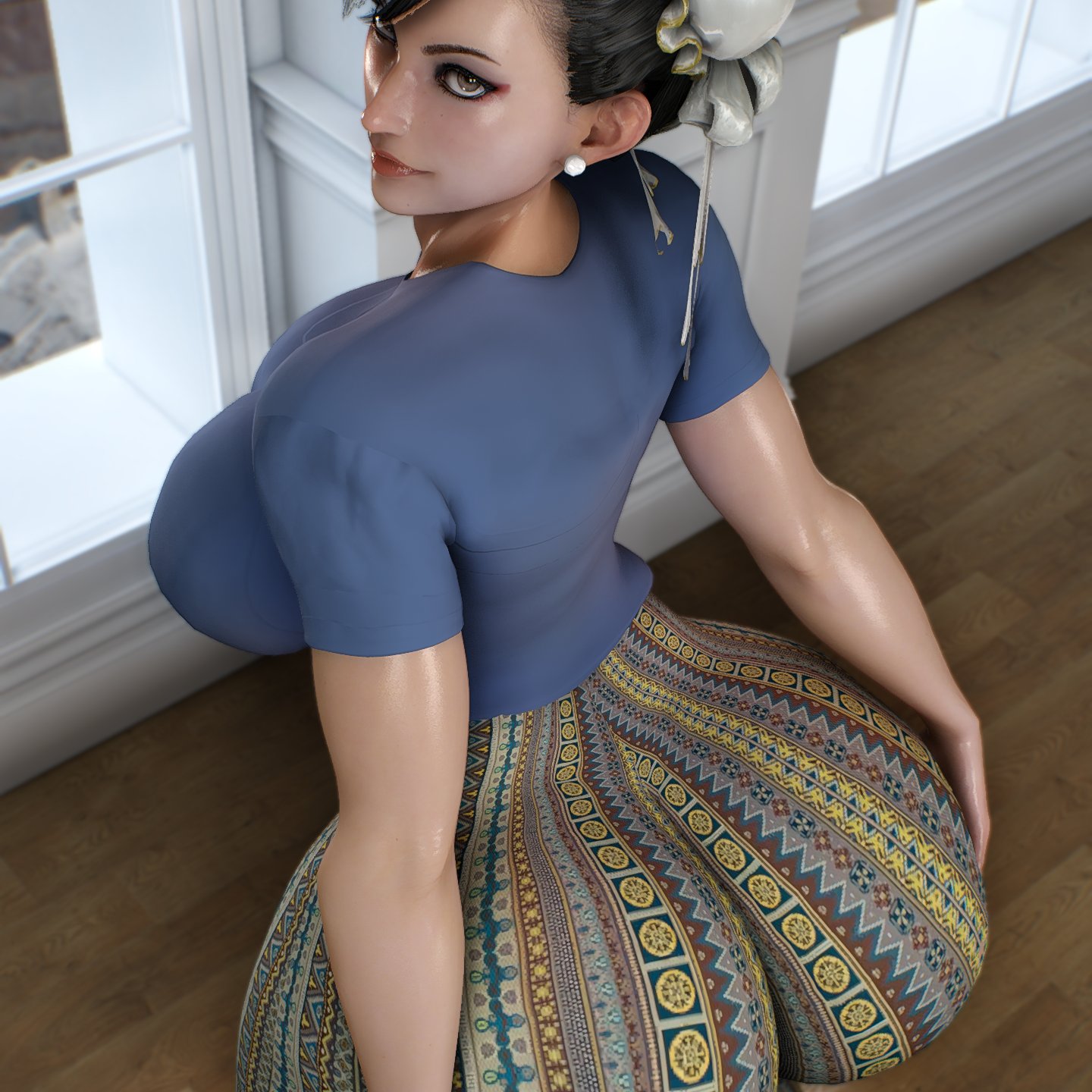3d, 3d (artwork), 3d model, almightypatty, asian, bikini, black hair, brown, brown hair, chun-li, clothing, curvaceous, curvaceous body, curvaceous female, curvaceous figure, curves, curvy, curvy body, curvy female, curvy figure, curvy hips, forbidden pants, mature female, milf, nude, solo, street fighter, video game character, video games