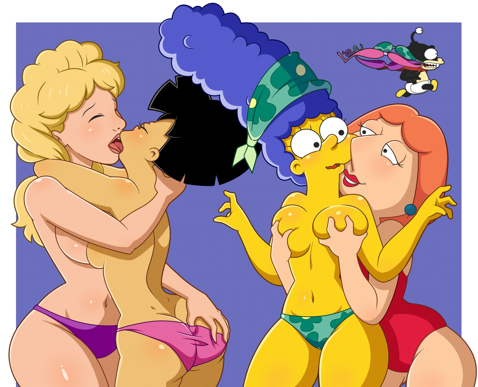 2026, 2d, 4girls, amy wong, ass, bandana, big breasts, bikini, bikini bottom, black hair, blonde hair, blue hair, bluesky link, breasts, breasts out, crossover, family guy, female, fondling breast, futurama, grabbing ass, gripping ass, happy, king of the hill, kissing, light skin, light-skinned female, lois griffin, luanne platter, marge simpson, nerdoodlen, simple background, swimsuit, the simpsons, tongue, tongue kiss, yellow body, yuri
