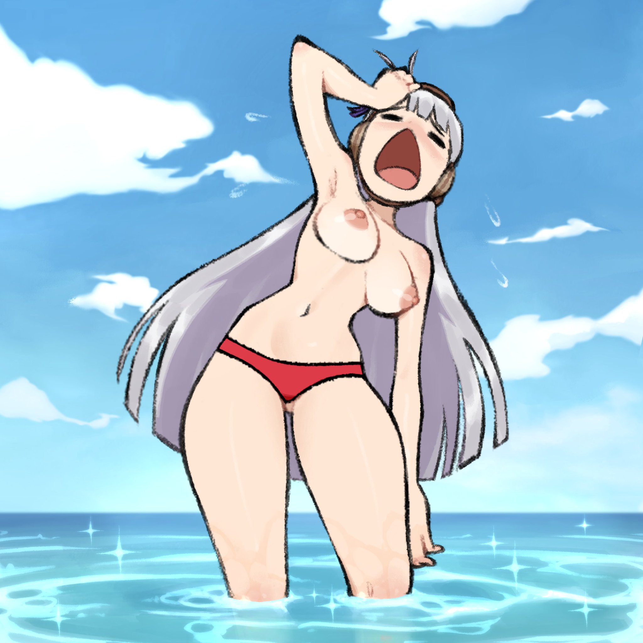 1girls, bikini bottom, breasts, female, gold ship (umamusume), gurumo, tagme, topless, umamusume, water