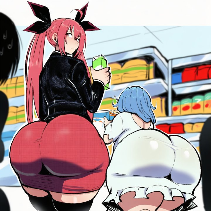 ai generated, ass freak, big ass, big breasts, date a live, fuckable butt, heavy butt, himekawa yoshino, ishimo, itsuka kotori, light blue hair, red dress, red eyes, red hair, small breasts, supermarket background, thick ass, thick hips, thick legs, thick thighs, white dress