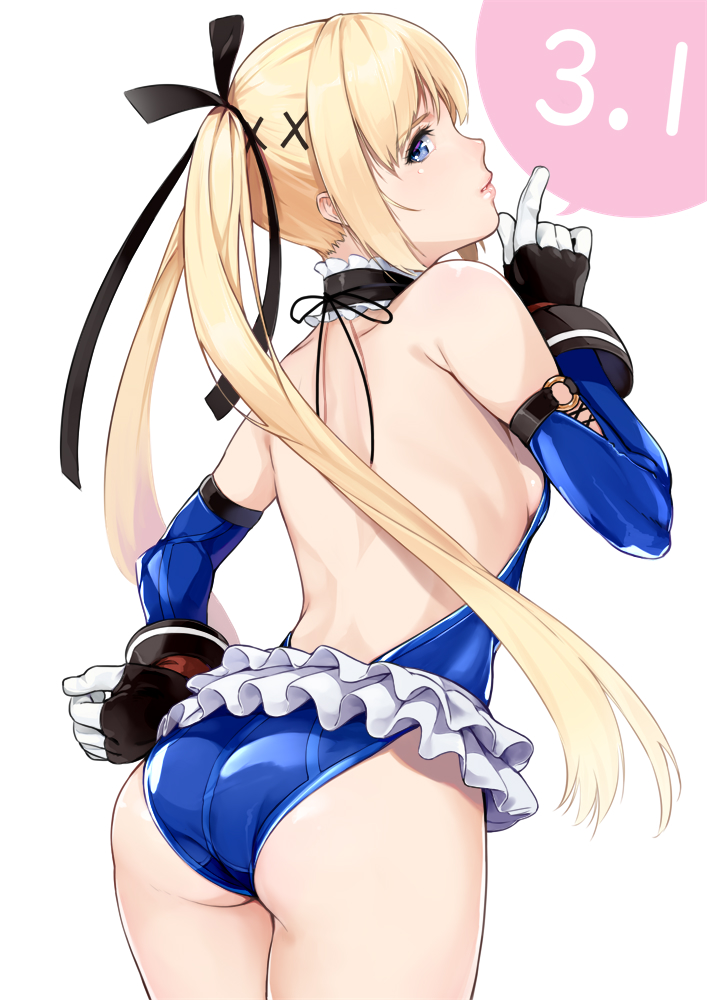 1girls, artist request, ass, ass focus, blonde female, blonde hair, blonde-haired female, blue eyes, blue swimsuit, breasts, dead or alive, female, female only, long hair, marie rose, marie rose (devilish servant against the splashing waves), swimsuit, twintails