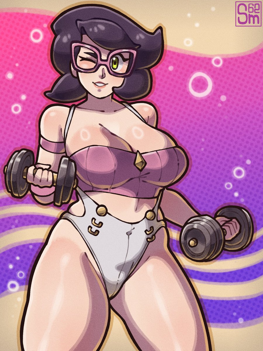 1girls, arm strap, big breasts, breasts, cleavage, dumbbell, eyewear, female, female only, game freak, green eyes, hair, hips, holding object, leotard, mature, mature female, mature woman, milf, one eye closed, pink glasses, pokemon, pokemon sm, purple hair, samario, short hair, solo, solo female, thighs, wicke (pokemon), wink, winking