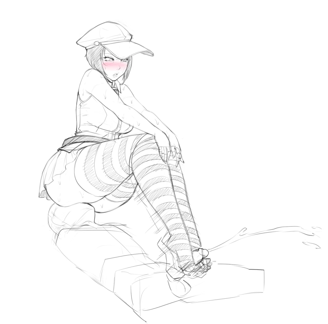 ass, cabbie hat, cunnilingus, facesitting, full-face blush, hat, male, marie (persona 4), monochrome, persona, persona 4 the golden, thick thighs, thighhighs