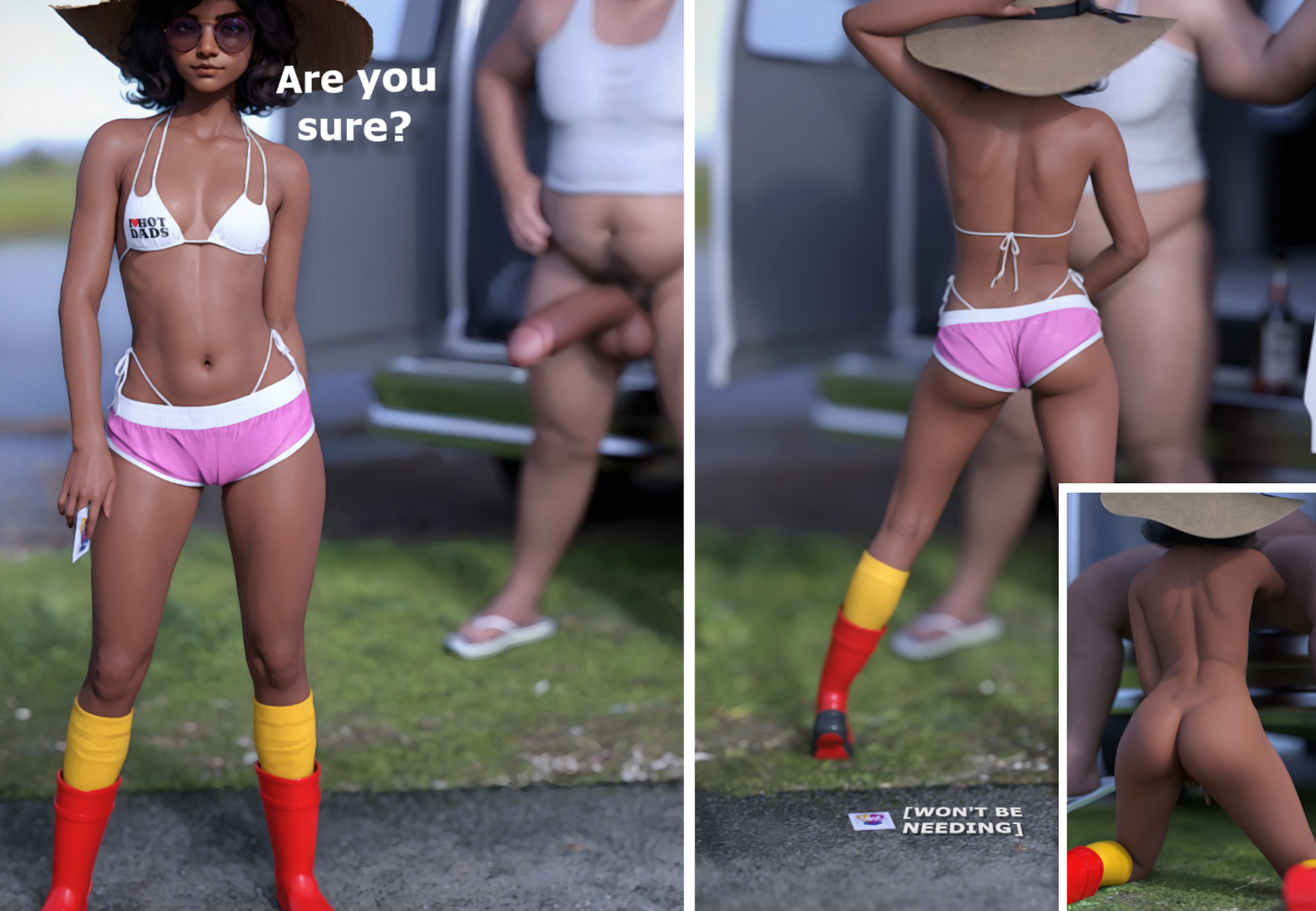 1boy, 1girls, 3d, ass, bikini, bikini bottom, bikini top, breasts, bubble butt, cameltoe, condom, condom wrapper, connie maheswaran, cuckold, dark skin, dark-skinned female, dark-skinned sub, dolphin shorts, fat male, father, female, glasses, greg universe, half-erect, hdregrets, hot pants, hotpants, huge cock, large penis, light skin, light-skinned male, male, netorare, ntr, older male, on knees, oral, oral sex, outdoors, penis, short shorts, shorts, steven universe, straw hat, swimsuit, unused condom, van