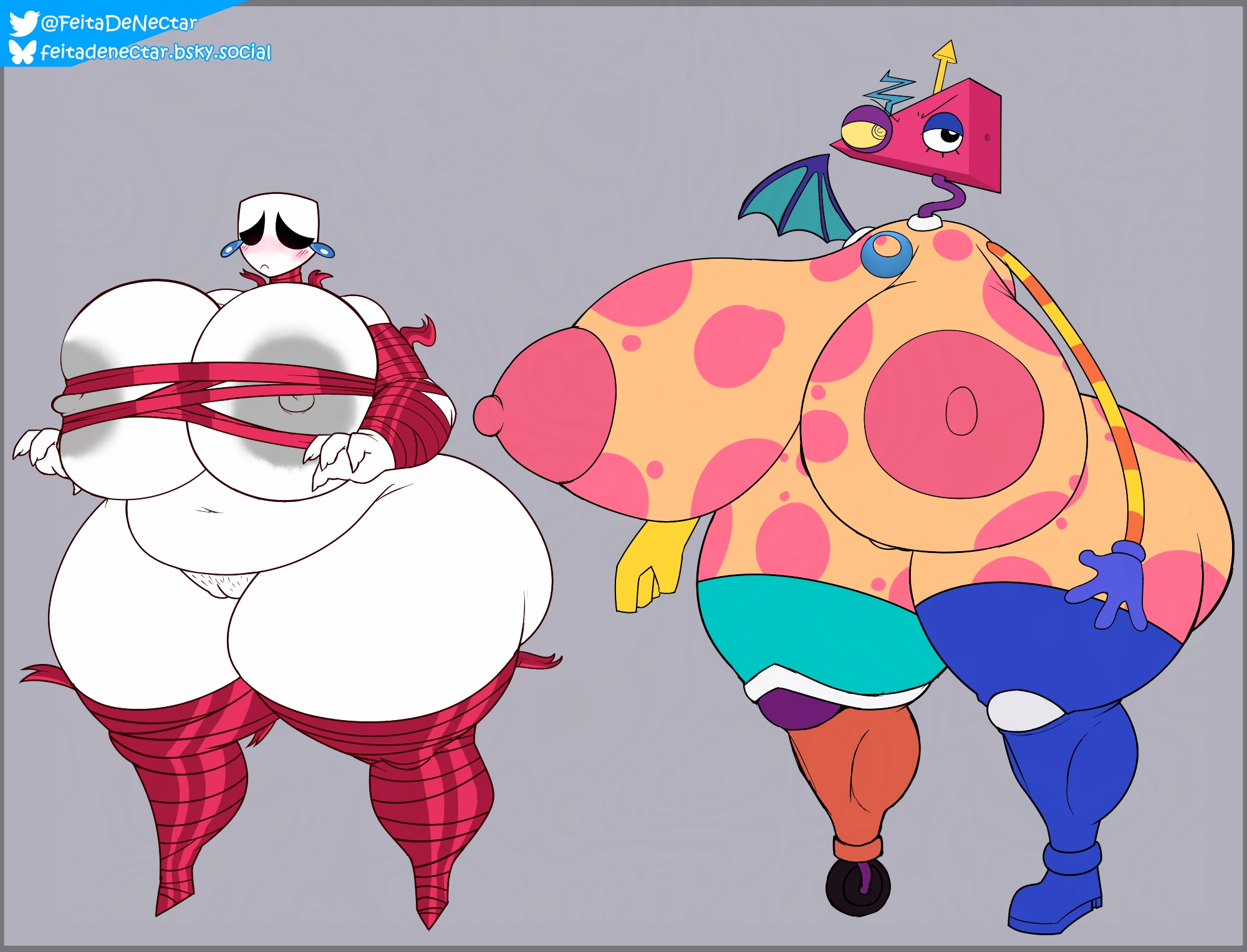 1girls, 1nonbinary, angry, areolae, ass, big ass, big breasts, blush, breasts, chubby, chubby female, feitadenectar, female, female only, frown, gangle (feitadenectar), gangle (the amazing digital circus), glitch productions, gooseworx, large breasts, mask, naked, nipples, nonbinary, nude, nude female, polka dot, pubic hair, pussy, ribboned body, ribbons, tears, the amazing digital circus, thick thighs, triangle head, zooble (the amazing digital circus)