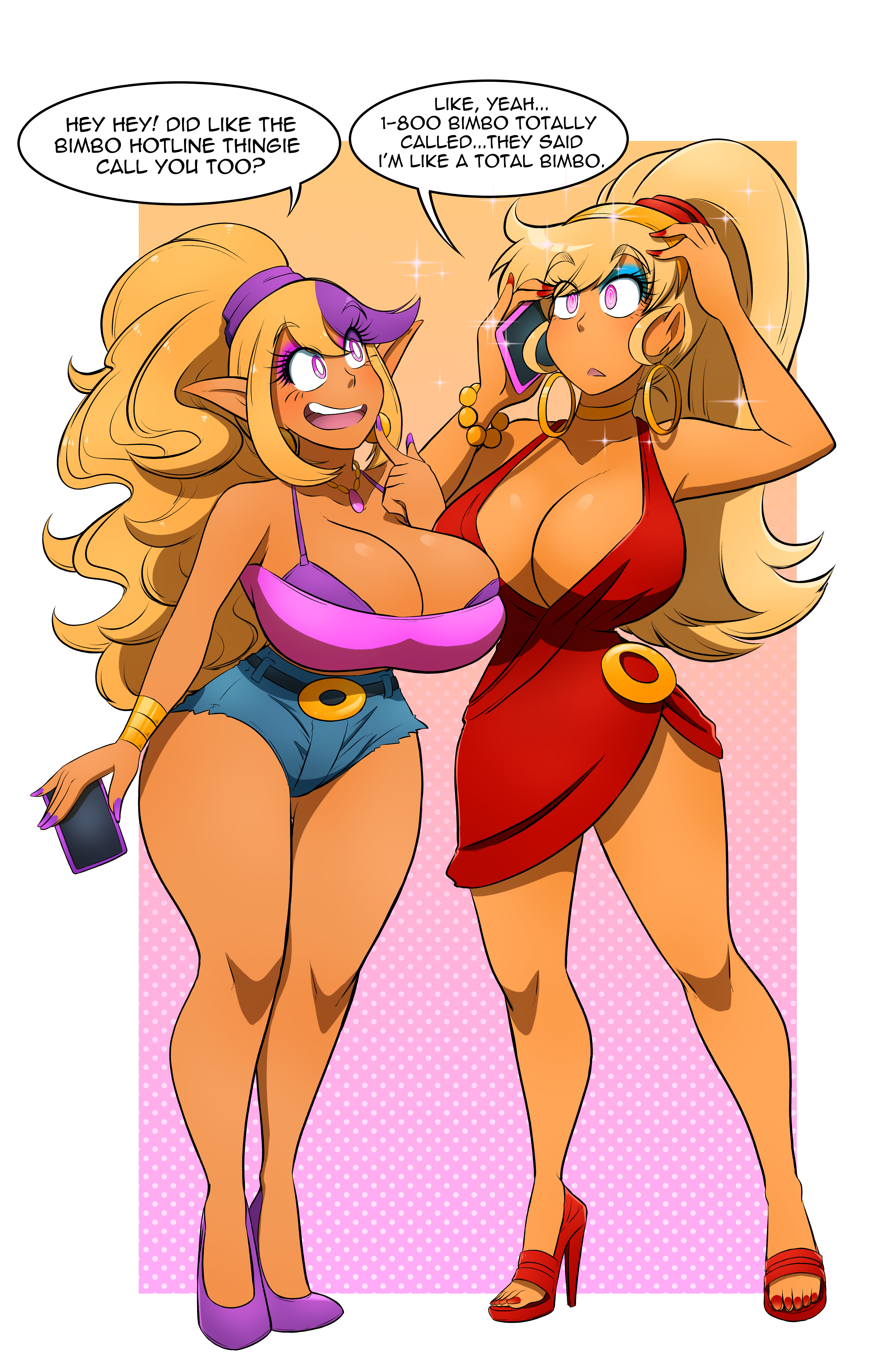 bimbo, bimbofication, blonde hair, breast expansion, elf ears, high heels, implied transformation, kobi-tfs, large breasts, original, tan skin