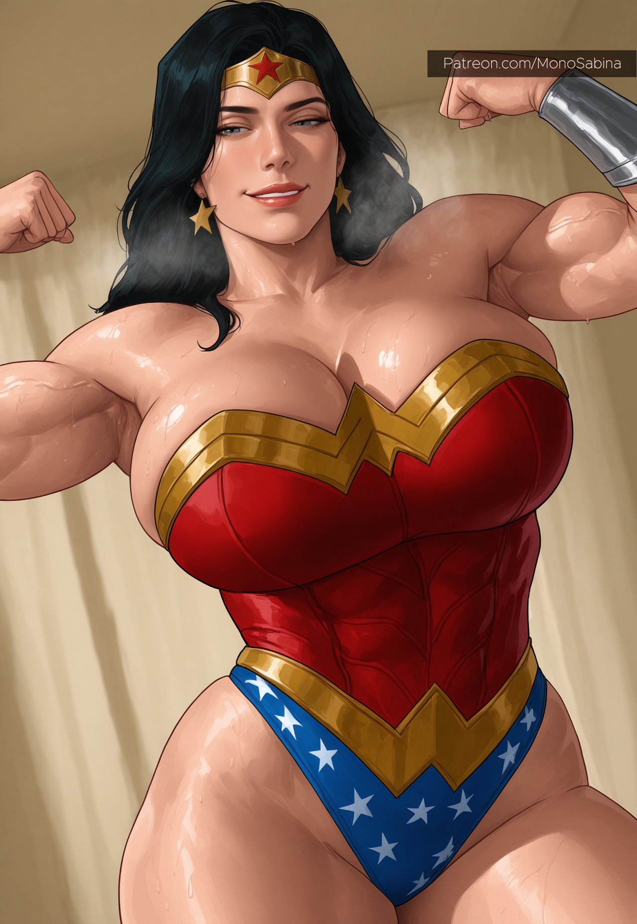 2026, ai assisted, ai generated, biceps, biceps focus, big breasts, black hair, blue eyes, dc, dc comics, dcu, diana of themyscira, diana prince, huge breasts, leotard, long hair, monosabina, muscles, muscular, muscular female, musk, red leotard, smile, tagme, thick, thick legs, thick thighs, tiara, wonder woman, wonder woman (series)