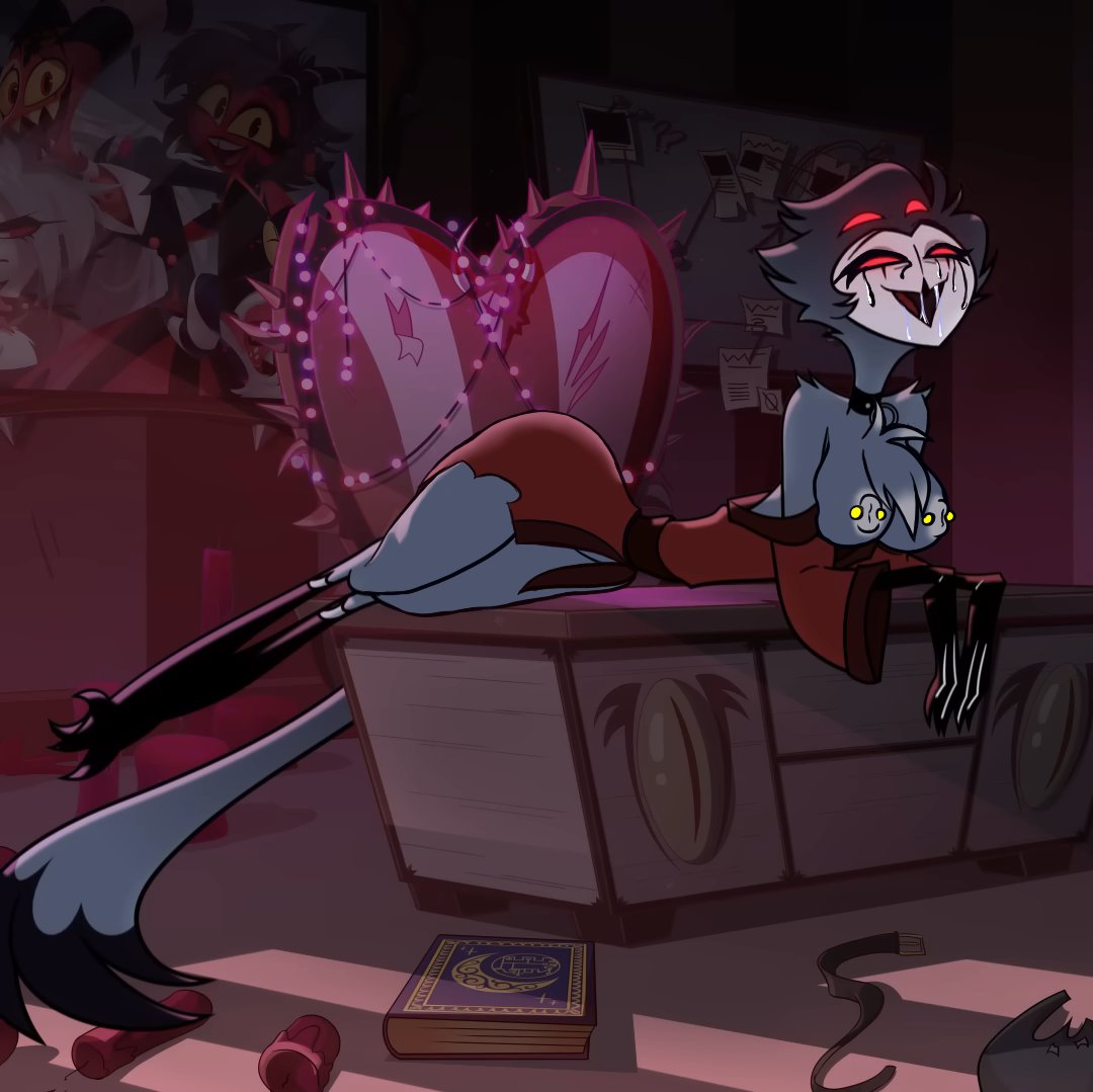 anthro, avian, badtumaki, beak, big ass, big breasts, bird humanoid, blue feathers, book, collar, demon boy, desk, edit, edited screencap, eyebrows visible through hair, eyeliner, feathered tail, female stolas, furry, genderswap, genderswap (mtf), goetia, gray areola, hellaverse, helluva boss, hi res, limp wrist, long tail, lying on table, mirror, mouth open, no underwear, pierced nipples, puffy nipples, red eyes, robe only, rule 63, running mascara, screencap, screenshot edit, smile, solo, stolas (helluva boss), talons, thick thighs, third-party edit, topless, vivienne medrano, vivziepop