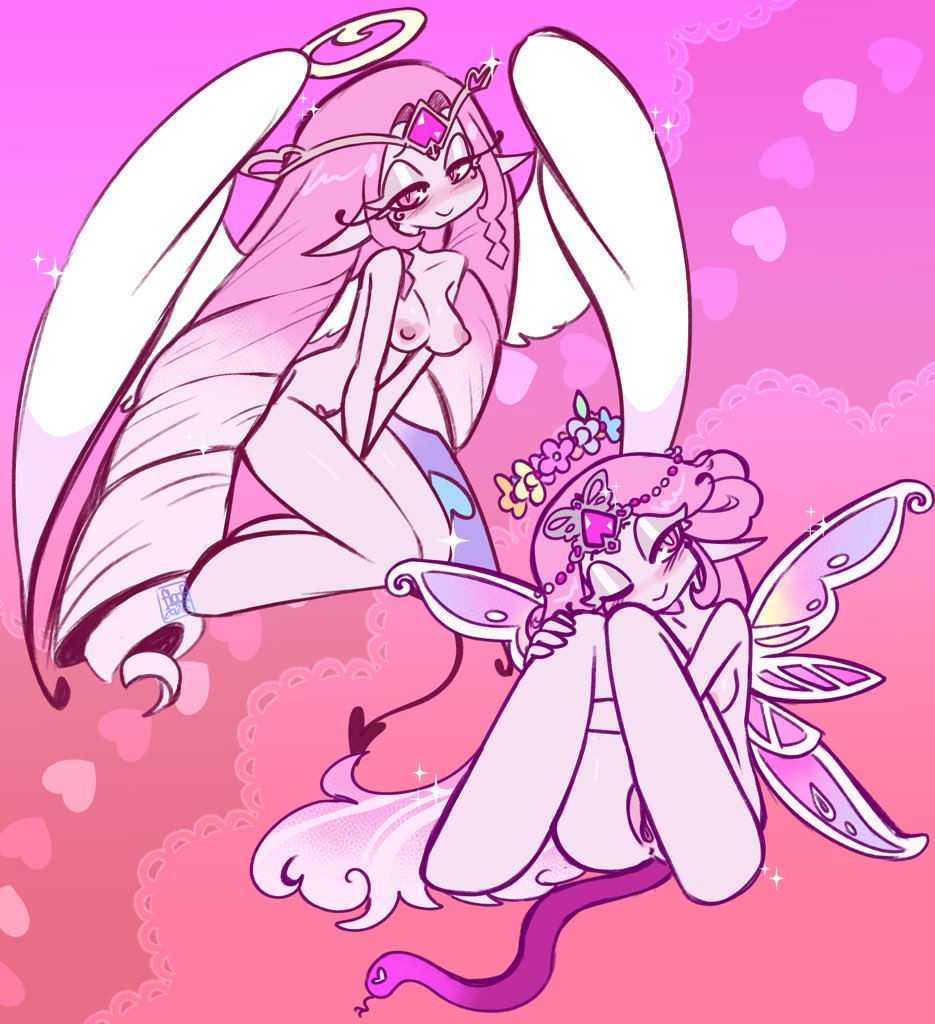 areolae, bedroom eyes, blooming bringer of sloth, butterfly wings, cookie run, cookie run kingdom, crown, eternal sugar cookie, eyeliner, floofierun, flower crown, flower halo, flowers, halo, heart, heart-shaped areola, heart-shaped pupils, long hair, nipples, nude, one eye closed, pink background, pink eyes, pink hair, pink skin, pussy, snake, tagme, wings