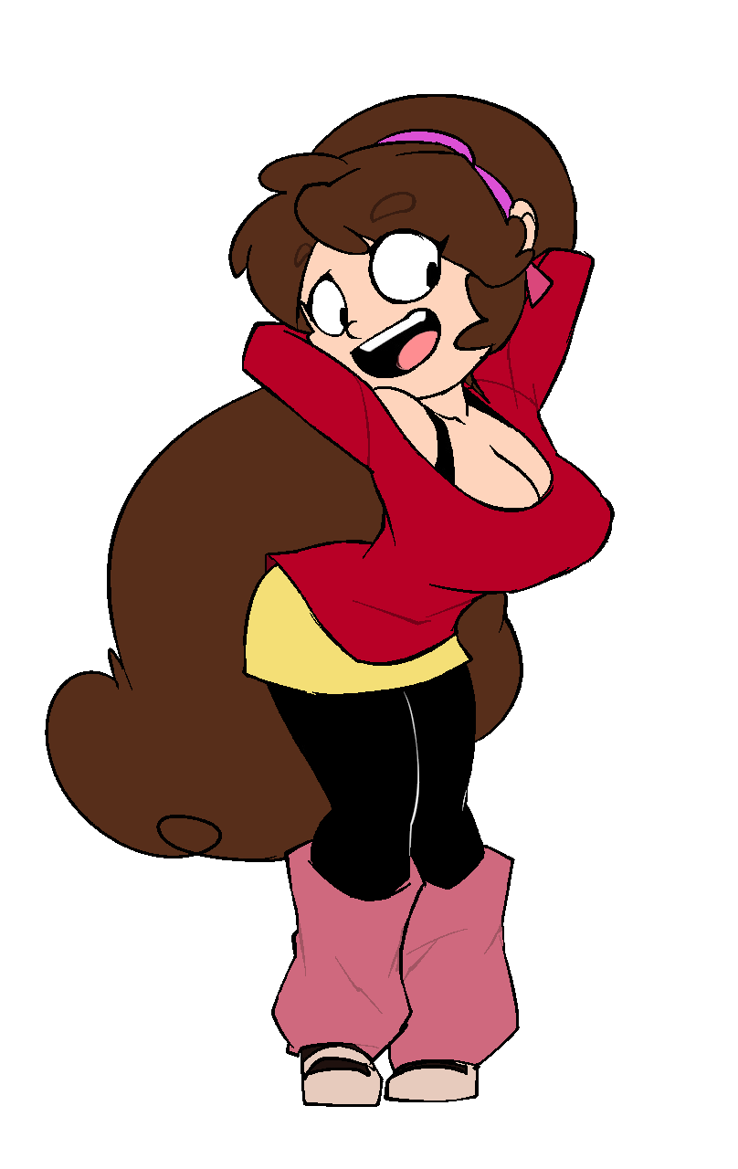 :d, 1girls, 2017, aged up, alpha channel, alternate breast size, arms behind head, big breasts, bigdad, bimbo, breasts, brown hair, cleavage, curvy, disney, disney channel, earrings, female, female focus, female only, for sticker use, gravity falls, hands behind head, happy, human, large breasts, leaning forward, leg warmers, leggings, mabel pines, open mouth, png, ponytail, smile, solo, sticker template, sweater, thighs, tongue, transparent background, transparent png, very long hair