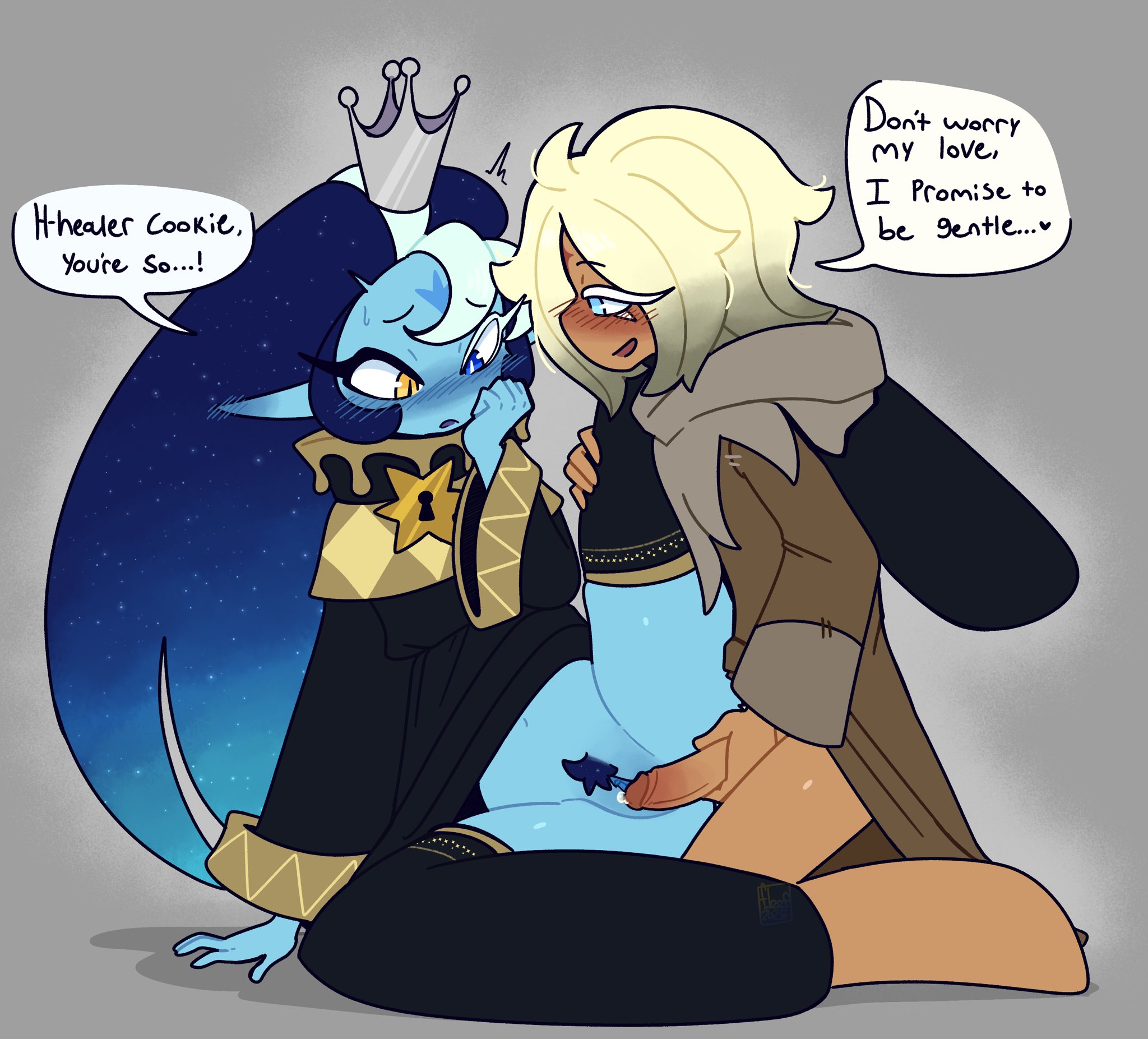 baggy clothing, black tipped hair, blonde hair, blue eyes, blue skin, blushing, cookie run, cookie run kingdom, crown, cuntboy, floofierun, fount of knowledge, gradient hair, healer cookie, heterochromia, keyhole, pubic hair, pure vanilla cookie, robes, shadow milk cookie, sweatdrop, tagme, yellow eyes
