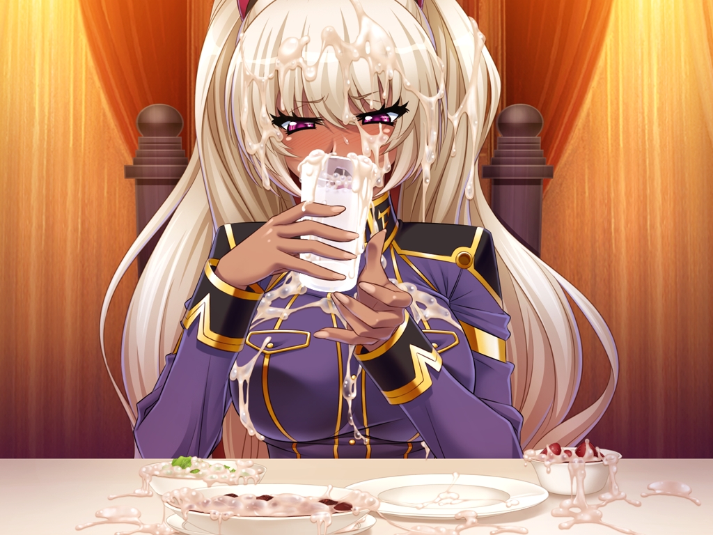 breasts collared_shirt cum cum_in_container cum_in_cup cum_on_body cum_on_breasts cum_on_clothes cum_on_floor cum_on_food cum_on_hair cum_on_upper_body cup dark_skin drinking facial female food fruit game_cg gokkun greens_(food) kagami_hirotaka kangoku_senkan kangoku_senkan_3 kila_kushan large_breasts lilith-soft long_hair military_uniform nipples shiny shiny_clothes shiny_hair shiny_skin sitting strawberry sweat toast_(food) twintails twintails_(hairstyle) uniform