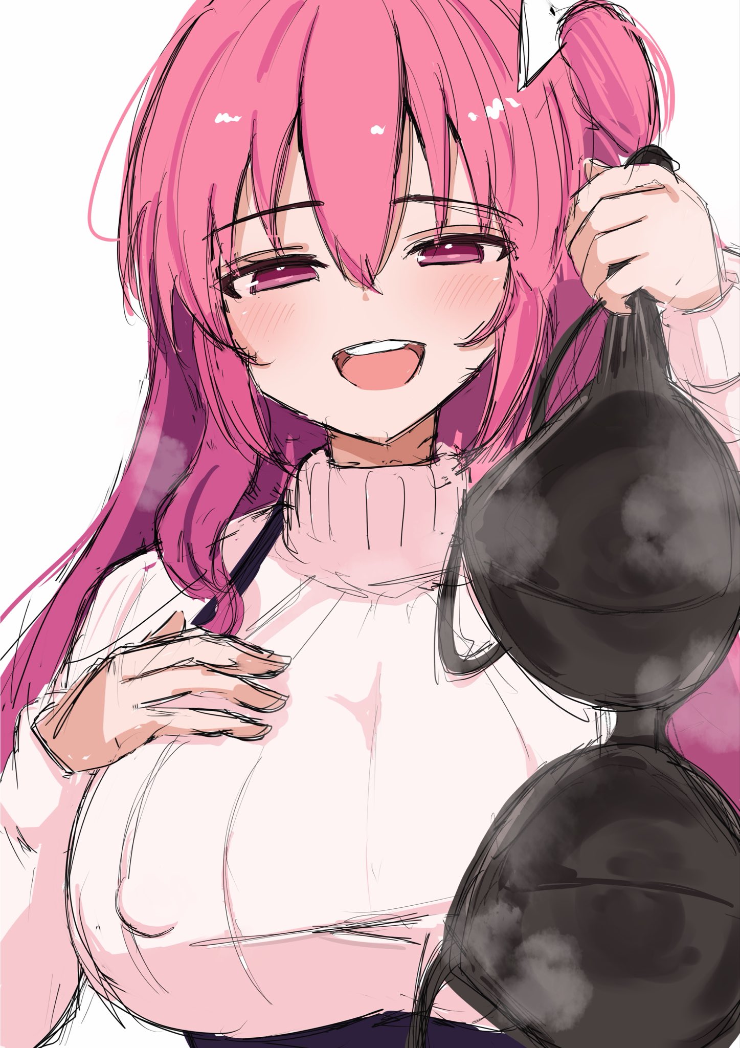 aroused, blush, bra removed, half-closed eyes, happy, holding bra, huge breasts, in heat, nipple bulge, official alternate costume, open mouth, rasis, smile, sound voltex, sweater, sweaty bra, upper body, upper teeth