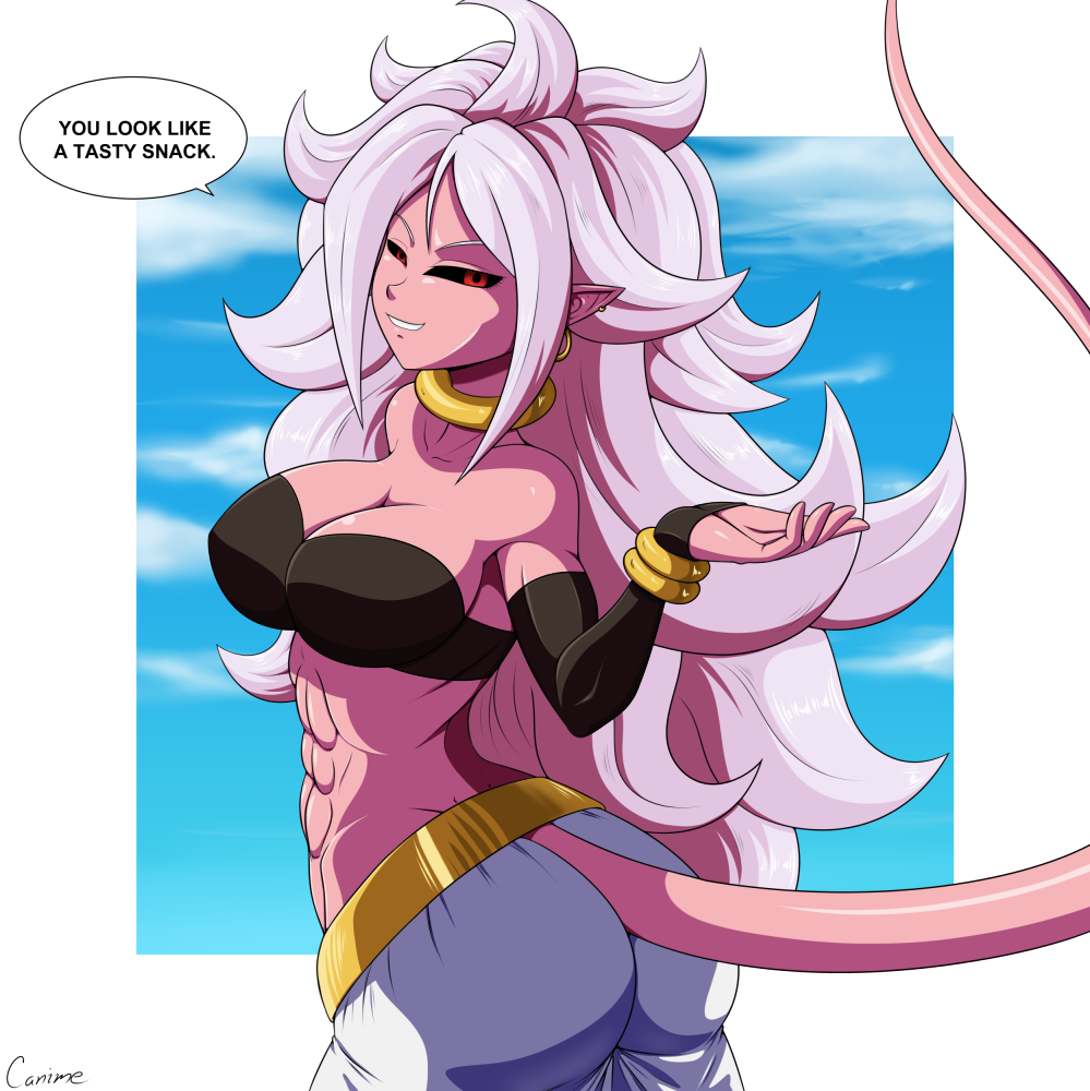 1girls, 2010s, abs, android 21, ass, black sclera, bracelet, breasts, canime, choker, cleavage, clothed, cowboy shot, curvy, dark persona, detached sleeves, dialogue, dragon ball, dragon ball fighterz, ear piercing, english text, female, female only, fully clothed, gold jewelry, harem outfit, harem pants, humanoid, jewelry, large breasts, long hair, looking at viewer, majin, majin android 21, midriff, monster girl, muscles, muscular, muscular female, pants, perky breasts, piercing, pink skin, pointy ears, red eyes, signature, smile, smirk, speech bubble, standing, tail, talking to viewer, text, tubetop, very long hair, white hair