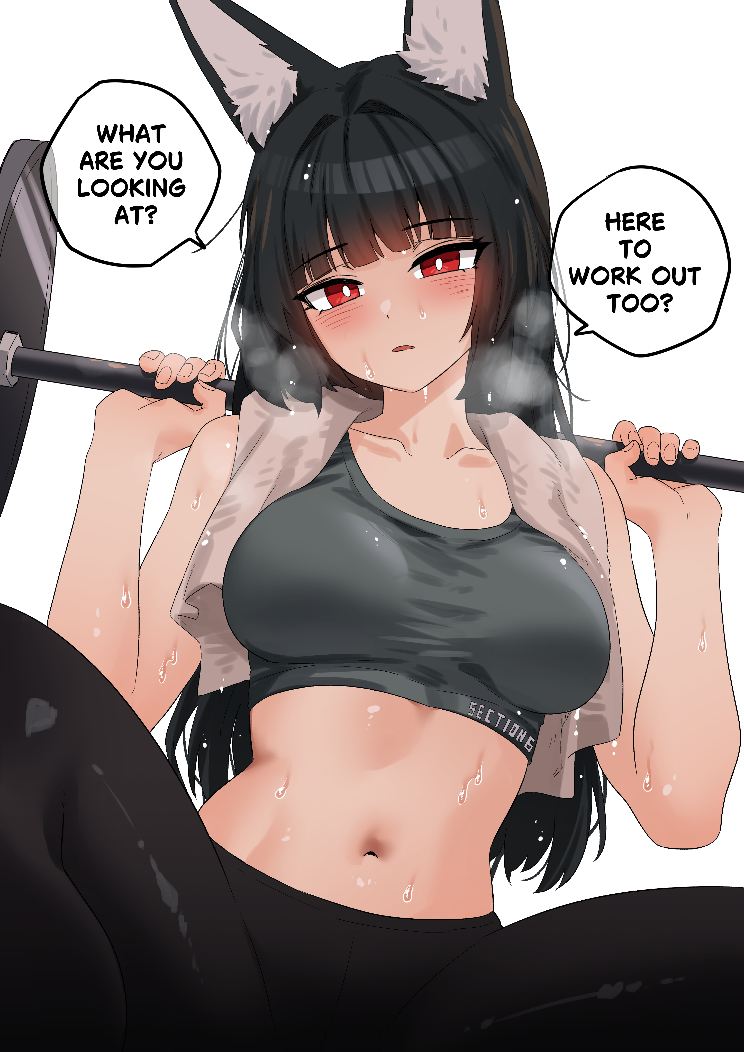 1girl, alternate costume, animal ear fluff, animal ears, black hair, black leggings, black pants, black sports bra, blush, breasts, breath, bright pupils, collarbone, dialogue bubble, dumbbell, english dialogue, english language, english text, exercising, female, female only, fox ears, fox girl, high resolution, highres, holding, holding dumbbell, holding object, hoshimi miyabi, kemonomimi, kukiyuusha, leggings, long hair, looking at viewer, medium breasts, navel, pants, red eyes, simple background, solo, solo female, sports bra, squatting, stomach, sweat, talking to viewer, towel, towel around neck, very high resolution, weightlifting, white background, white pupils, yoga pants, zenless zone zero