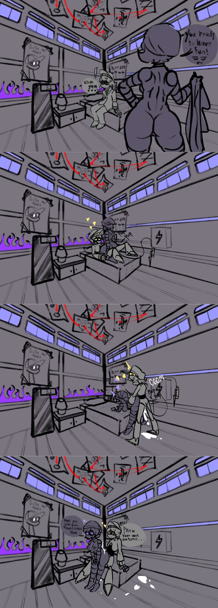 1boy, 1girls, 2d, beanie hat, cum, dialogue, english text, female, ghastlypann, glitch productions, humanoid, humanoid female, humanoid male, k, male, male/female, murder drones, n (murder drones), nude, robot, robot boy, robot girl, robot humanoid, robot joints, robotic arm, robotic limb, screen face, sex, talking, talking to partner, text, time lapse, uzi (murder drones)