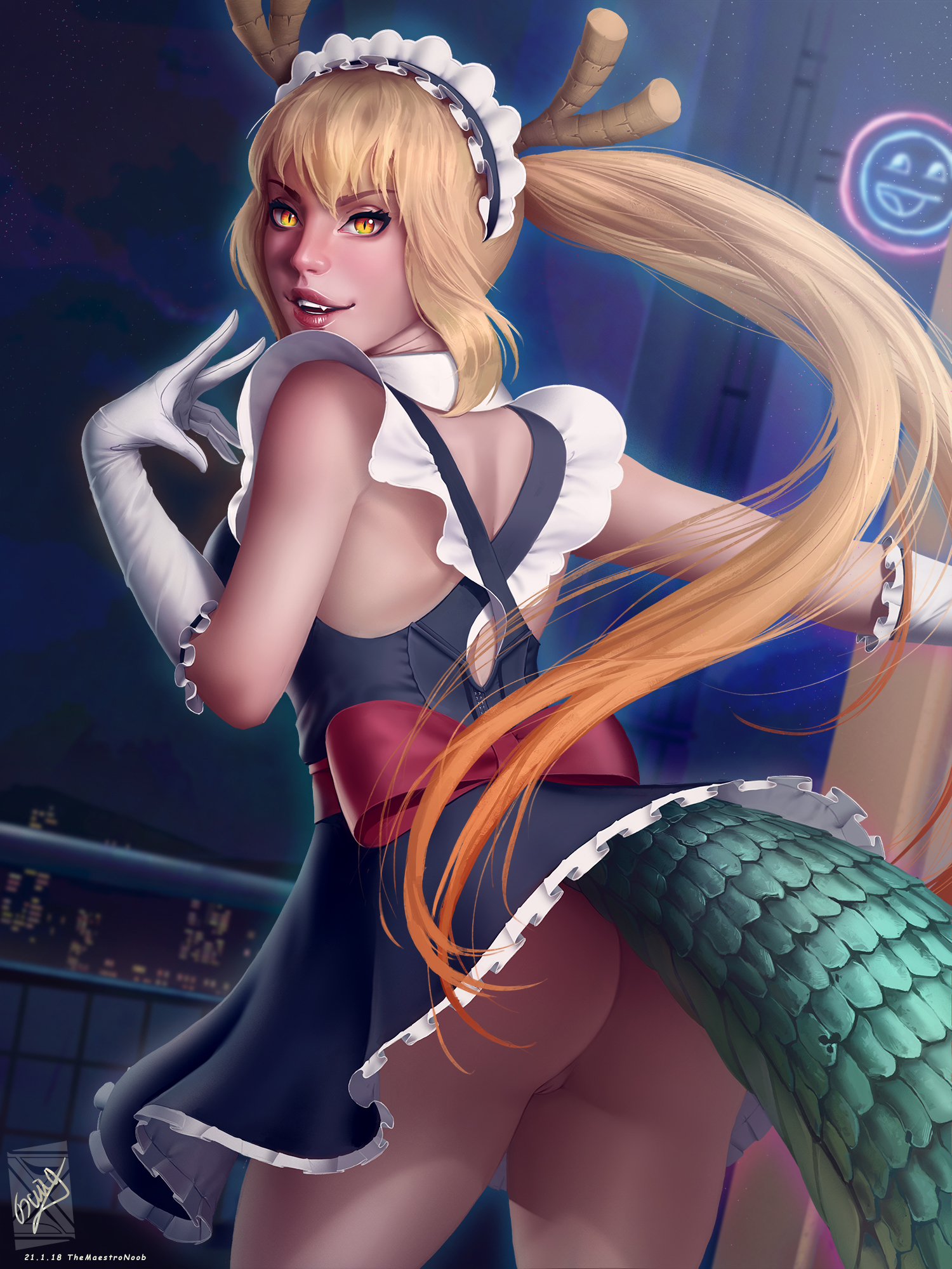 1girls, ass, blonde hair, bottomless skirt, clothing, female, female only, long hair, looking at viewer, looking back, miss kobayashi's dragon maid, pussy, skirt, solo, themaestronoob, tohru (dragon maid), upskirt
