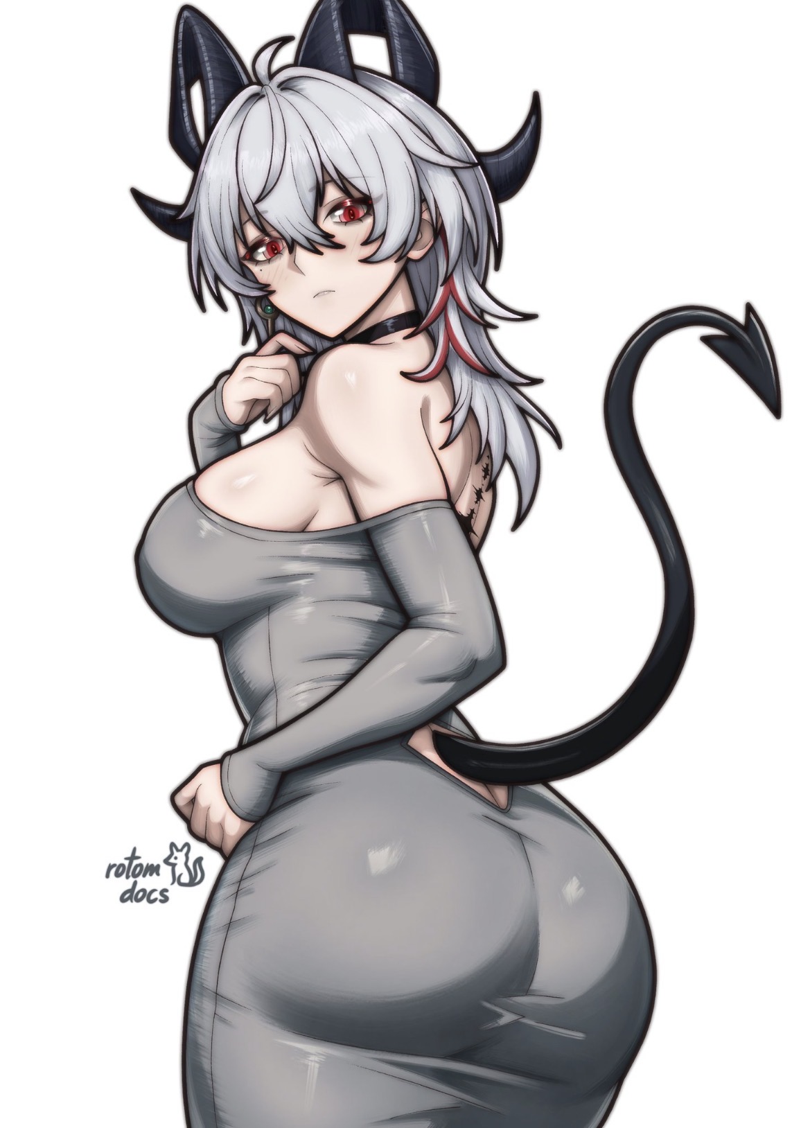 animal tail, back view, backside, big ass, big breasts, busty, busty female, curvy, curvy female, dress, fully clothed, goat horns, hair between eyes, hand on hip, holding necklace, looking at viewer, red strand of hair, rotomdocs, shoulder length hair, shoulderless dress, sideboob, tail, thick ass, thick thighs, white hair, wide hips, wuthering waves, zani (wuthering waves)