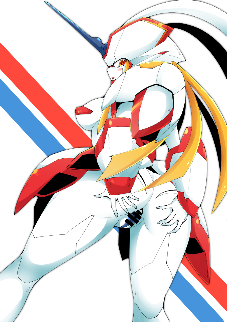 ass bar_censor blush breasts censored darling_in_the_franxx erect_nipples female from_behind hands_on_own_ass horn ikanomaru large_breasts legs_apart looking_at_viewer looking_back open_mouth orange_eyes presenting pussy robot_girl simple_background solo spread_ass standing strelizia white_background