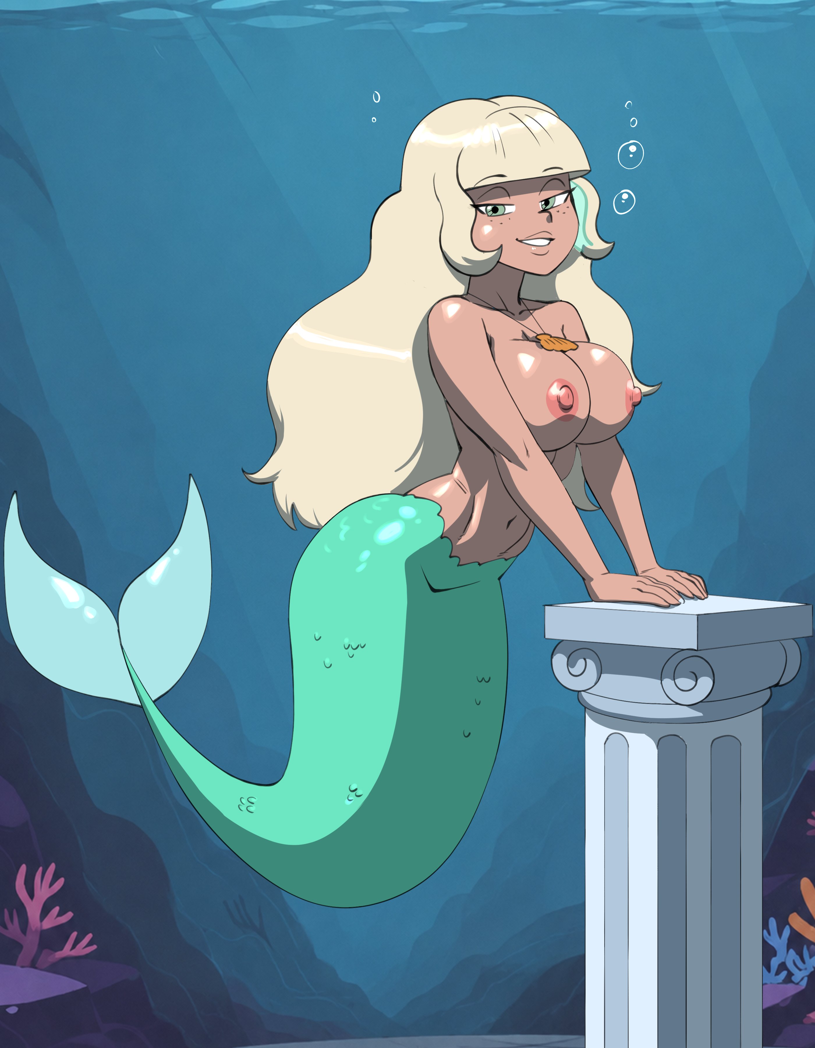 1girls, 2026, areolae, big boobs, big breasts, blonde hair, blue hair, breasts, bubble, commission, darkeros13, disney, disney channel, eyebrows visible through hair, female, female only, freckles, freckles on face, green eyes, half-closed eyes, jackie lynn thomas, merfolk, mermaid, mermaid girl, mermaid tail, multicolored hair, navel, necklace, nipples, nude, nude female, shell necklace, smile, smiling, solo, star vs the forces of evil, two-tone hair, underwater, very long hair