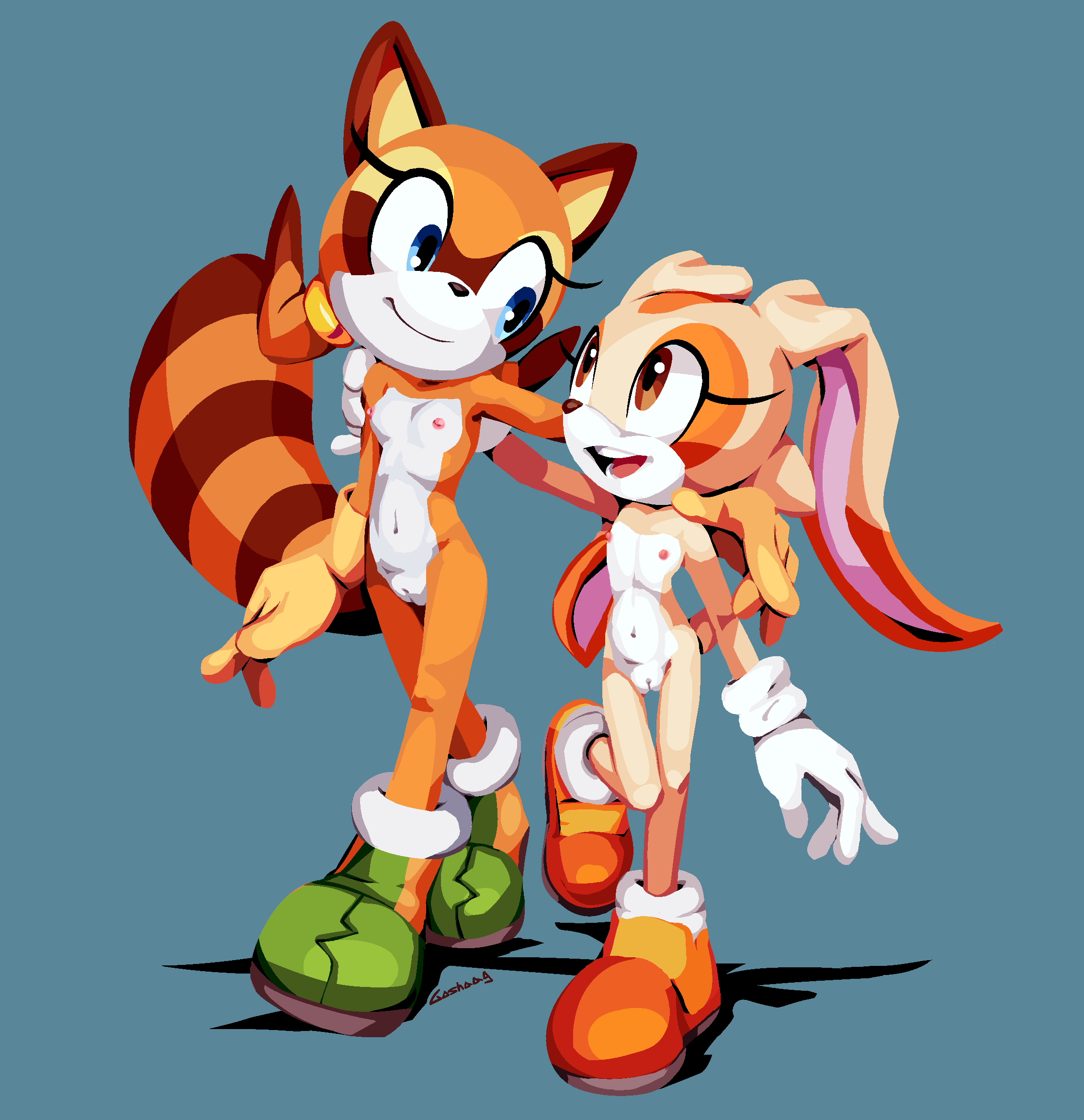 2018 anthro blue_eyes breasts brown_eyes clitoris clothing cream_the_rabbit duo female flat_chested footwear goshaag knees_together_feet_apart lagomorph legs_together mammal marine_the_raccoon navel nipples nude open_mouth procyonid pussy rabbit raccoon shoes smile sonic_(series) young