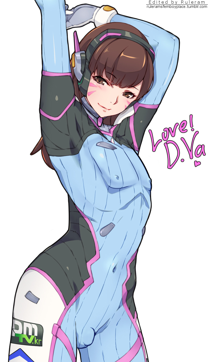 1boy bodysuit brown_eyes brown_hair bulge d.va edit erect_nipples femboy headphones human long_hair looking_at_viewer male_only overwatch rule_63 ruleram smile solo stretch text tight_clothing yui.h