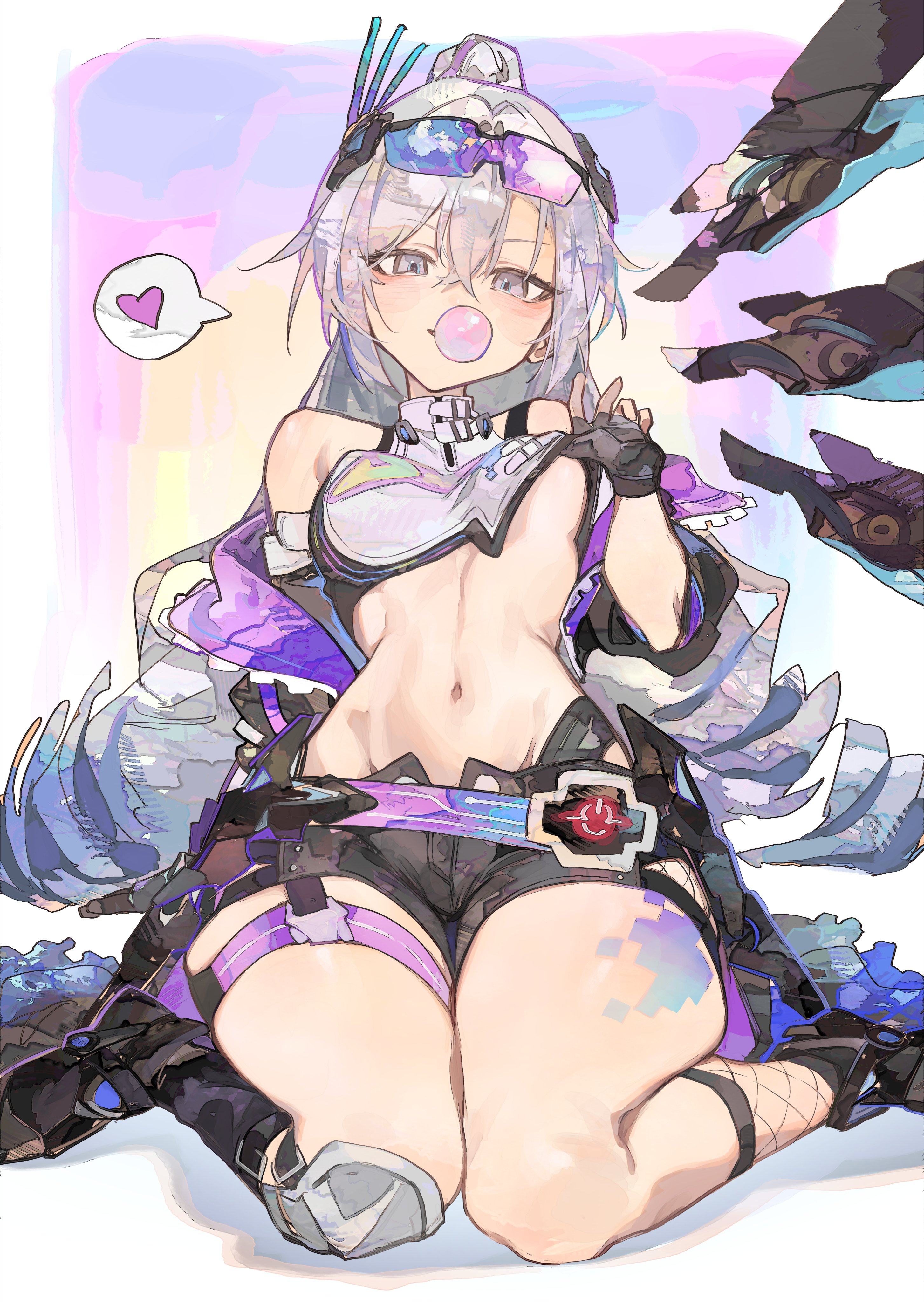 1girls, belt, blowing bubblegum, breast peek, breasts, bubble gum, clothed, clothed female, cocoballking, drill hair, fingerless gloves, fishnet legwear, fishnets, front view, garter straps, glasses, glasses on head, gloves, gradient background, gum, hair between eyes, hand under clothes, hand under shirt, hips, honkai: star rail, jacket, knee pad, legs together feet apart, light skin, light-skinned female, looking at viewer, mechanical wings, metal boots, midriff, navel, on knees, open jacket, power button, seated, shirt lift, short shorts, shorts, silver eyes, silver hair, silver wolf (honkai: star rail), silver wolf (lv.999) (honkai: star rail), simple background, sitting, small breasts, solo, solo focus, spoken heart, thick thighs, thigh strap, thighs, thighs together, tight clothes, twin drills, twin tails, underboob, waist, wariza, wings