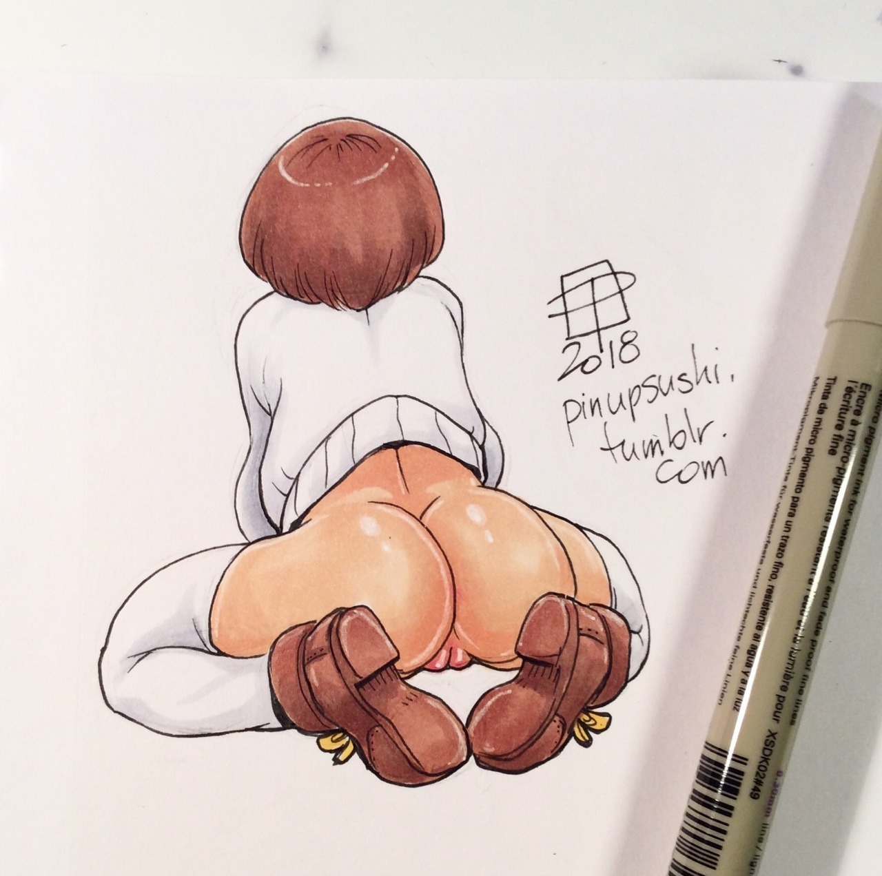 1girls, 2018, art tools in frame, ass, big ass, bob cut, brown hair, callmepo, cameltoe, female, female only, hourglass figure, photo (medium), pussy, scooby-doo, signature, solo, stockings, sweater, text, vagina, velma dinkley