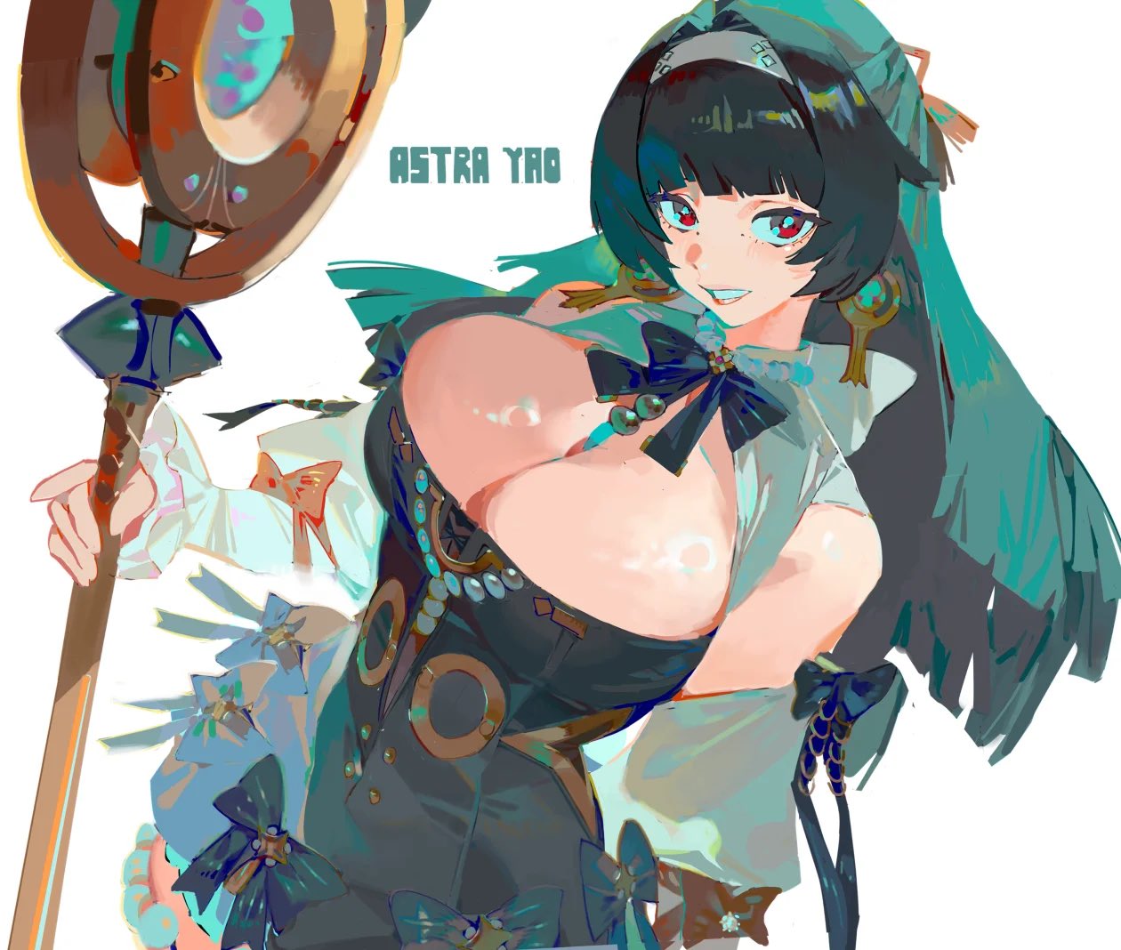 artist request, astra yao, astra yao (chandelier), big breasts, black hair, busty, cleavage, clothed, dark hair, female, female only, hoyoverse, huge breasts, large breasts, light skin, light-skinned female, mihoyo, revealing clothes, singer, zenless zone zero