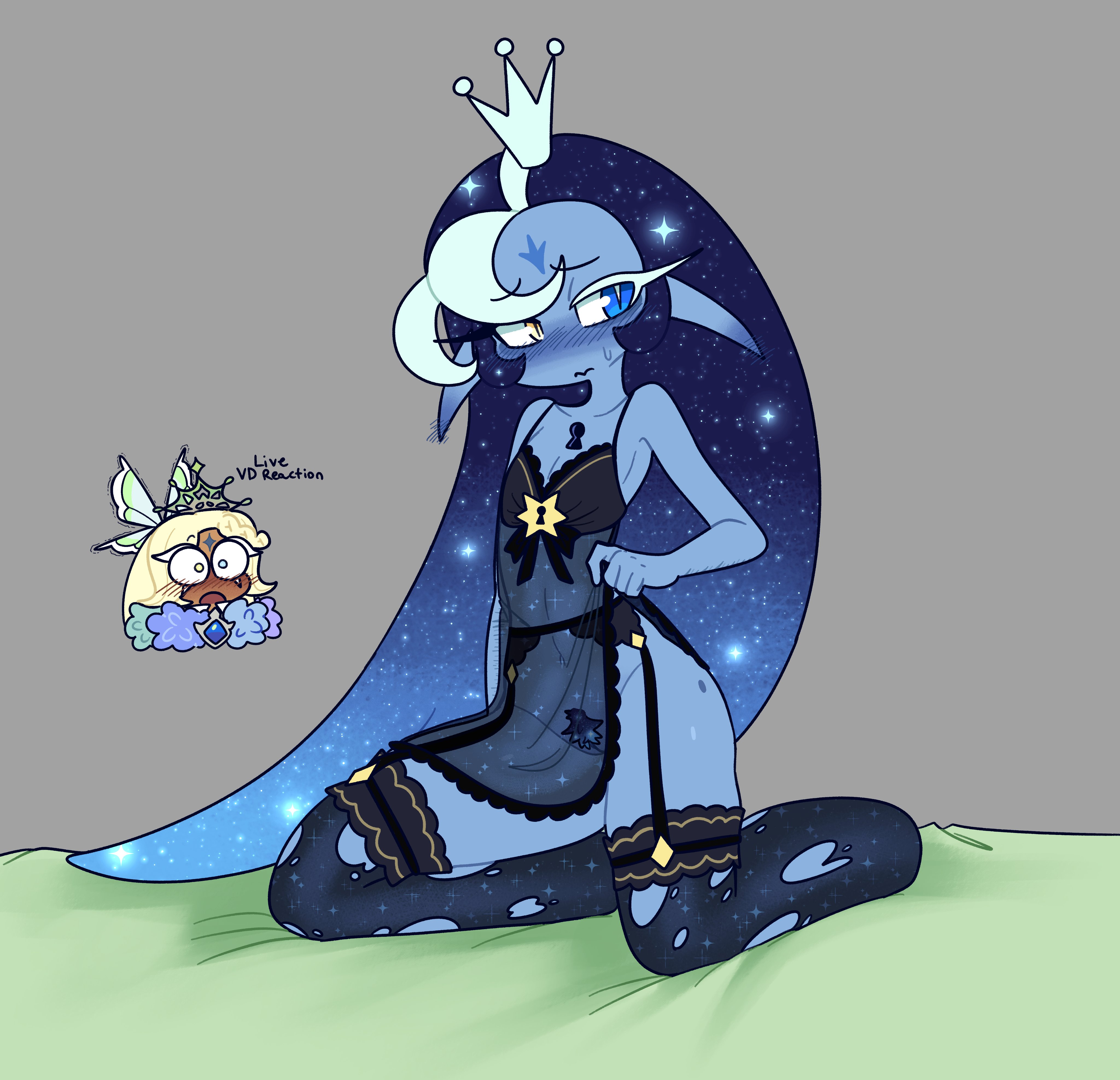 armpit, armpits, black clothing, blue skin, blushing, chibi, cookie run, cookie run kingdom, cuntboy, embarrassed, floofierun, fount of knowledge, functionally nude, keyhole, kneeling, mole, mole on ass, mole on butt, pubic hair, pure vanilla cookie, ripped clothing, ripped leggings, ripped stockings, scars, scars on arm, self-harm, self-harm scars, shadow milk cookie, straps, tagme, viridescent daydream, wrist cutting