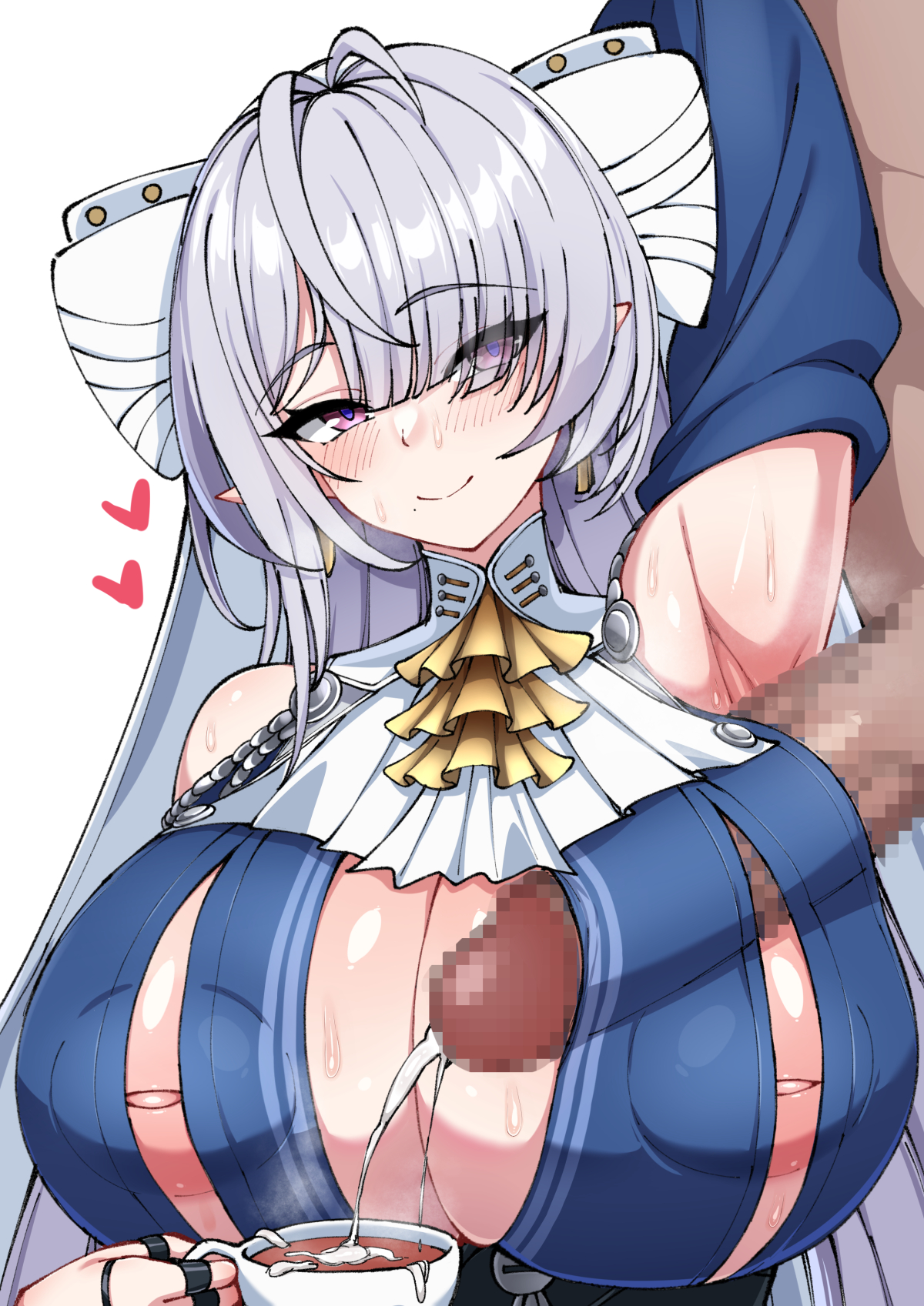 1boy, 1girl, antenna hair, arm up, armpit sex, armpits, ascot, blue sleeves, blush, bow, breasts, censored, cum, cup, detached sleeves, earrings, ejaculation, erection, hair bow, hair over one eye, hanuma hanma, hetero, highres, holding, huge breasts, inverted nipples, jewelry, large penis, long hair, mosaic censoring, nipple cutout, nipples, penis, pointy ears, puffy nipples, purple eyes, purple hair, ring, simple background, skindentation, sleeveless, smile, sweatdrop, teacup, upper body, velina (zenless zone zero), velina airgid, very long hair, white background, white bow, zenless zone zero